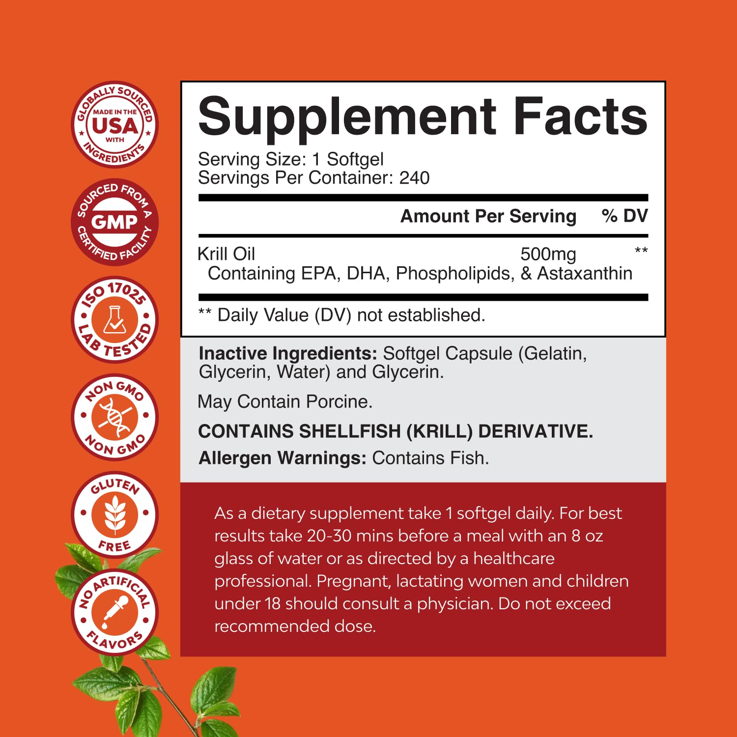 Natures Craft Antarctic Krill Oil 500mg Softgels – EPA DHA & Astaxanthin | 240 Count | 3rd Party Lab Tested