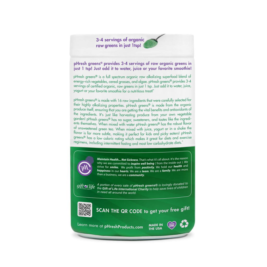 pHresh Greens Raw Alkalizing Superfood Powder – 10 oz – 2 Month Supply – Vegan, Kosher, Gluten Free