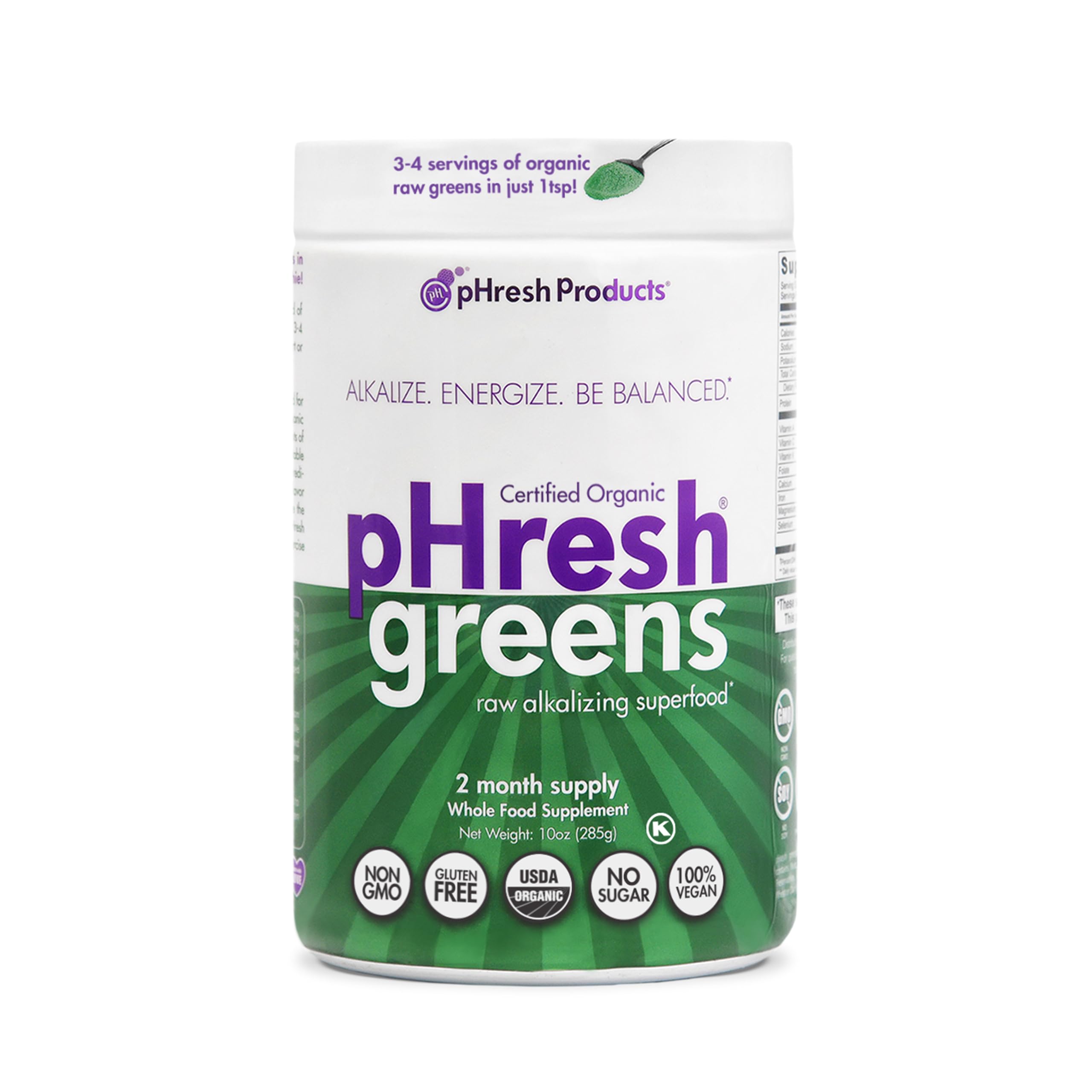 pHresh Greens Raw Alkalizing Superfood Powder – 10 oz – 2 Month Supply – Vegan, Kosher, Gluten Free