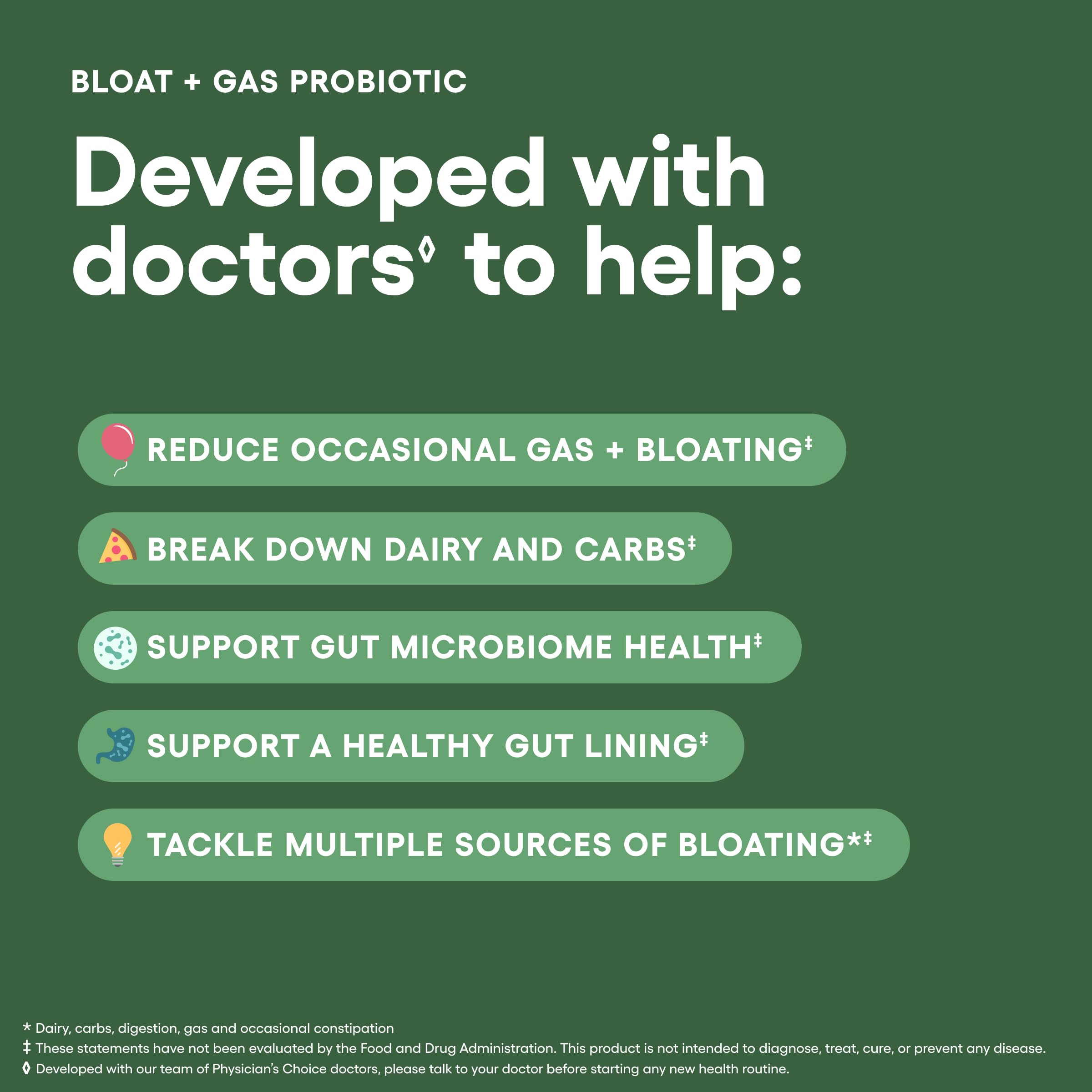 Physician's CHOICE Bloat & Gas Probiotic 30ct — 5-in-1 Digestive Support
