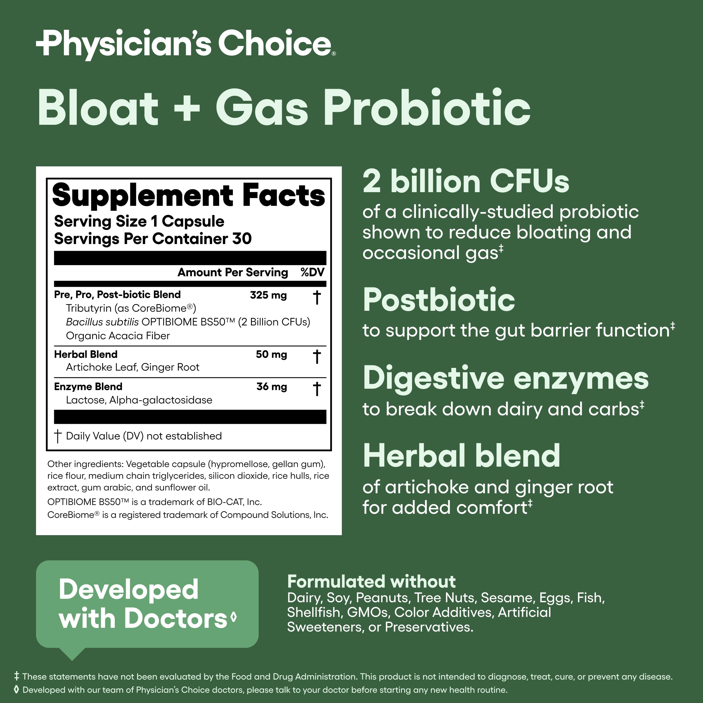 Physician's CHOICE Bloat & Gas Probiotic 30ct — 5-in-1 Digestive Support
