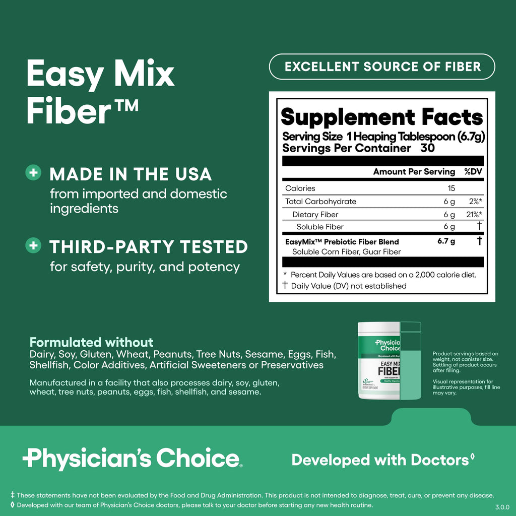 Physician's Choice Easy Mix Fiber - Unflavored Daily Prebiotic Fiber for Digestive Health (7.1oz)