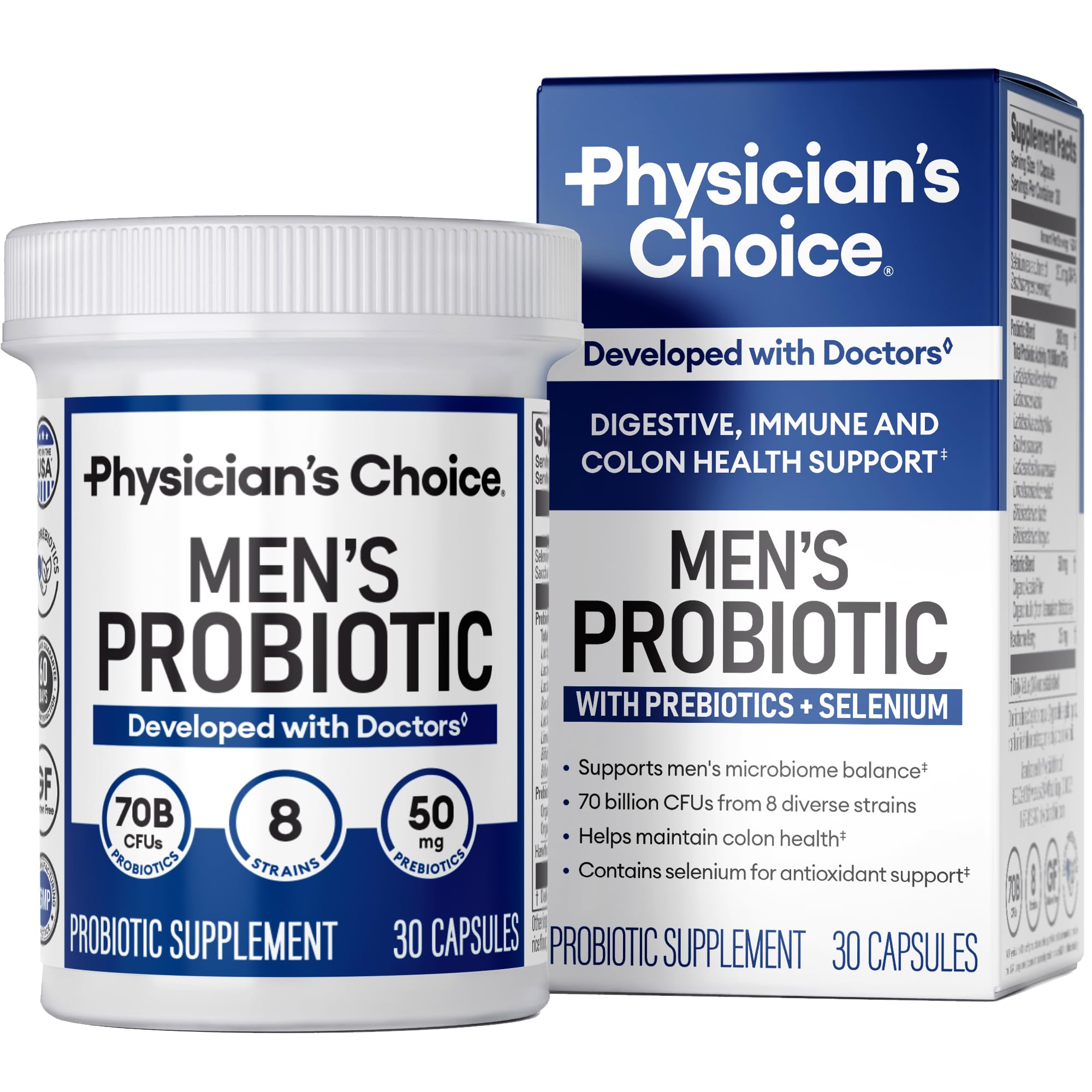 Physician's Choice Probiotics for Men - 70B CFU, 8 Strains, Selenium & Organic Prebiotics | Digestive & Immune Health - 30ct