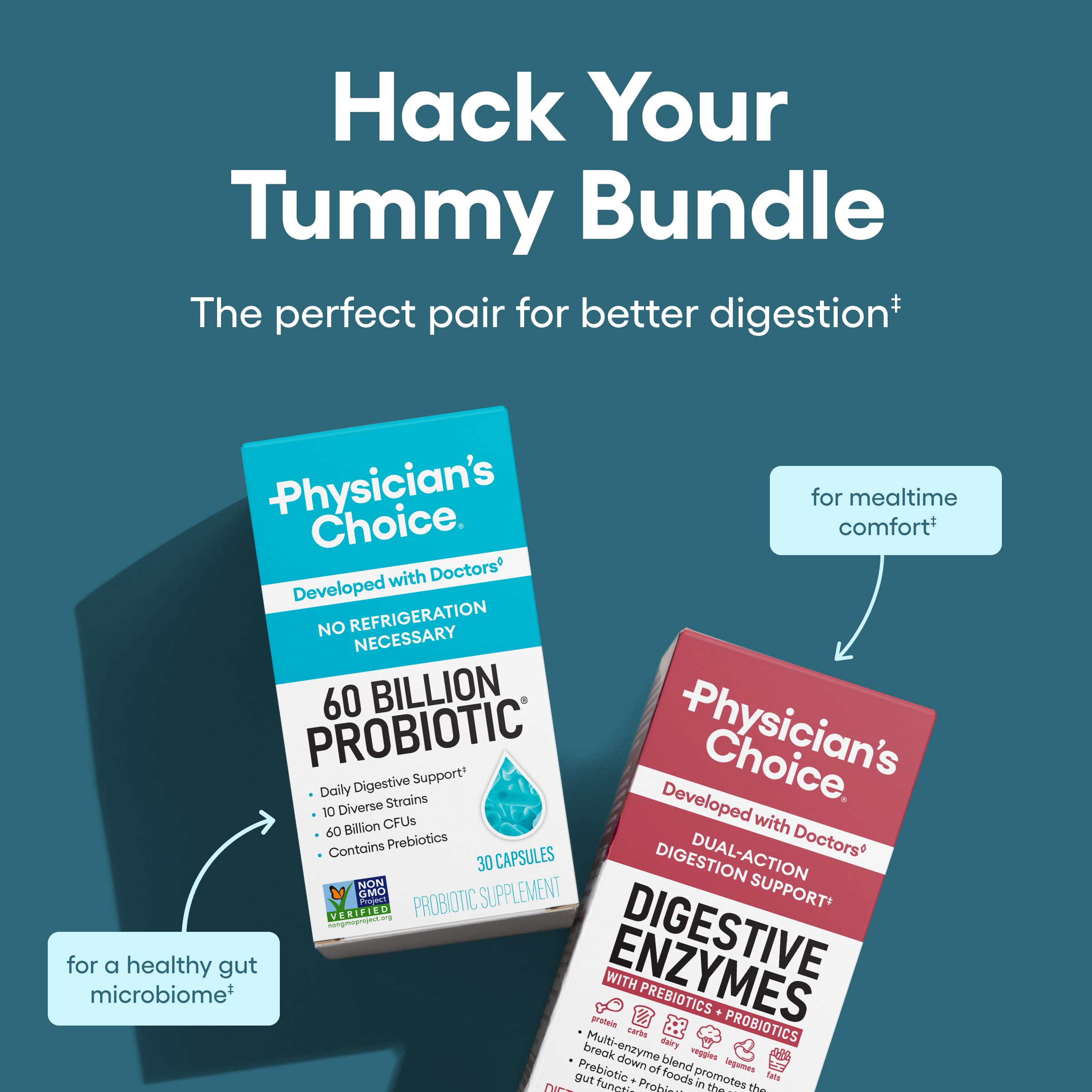 Physician's CHOICE Advanced Gut Health Bundle: 60B Probiotics 30ct + Digestive Enzymes 60ct