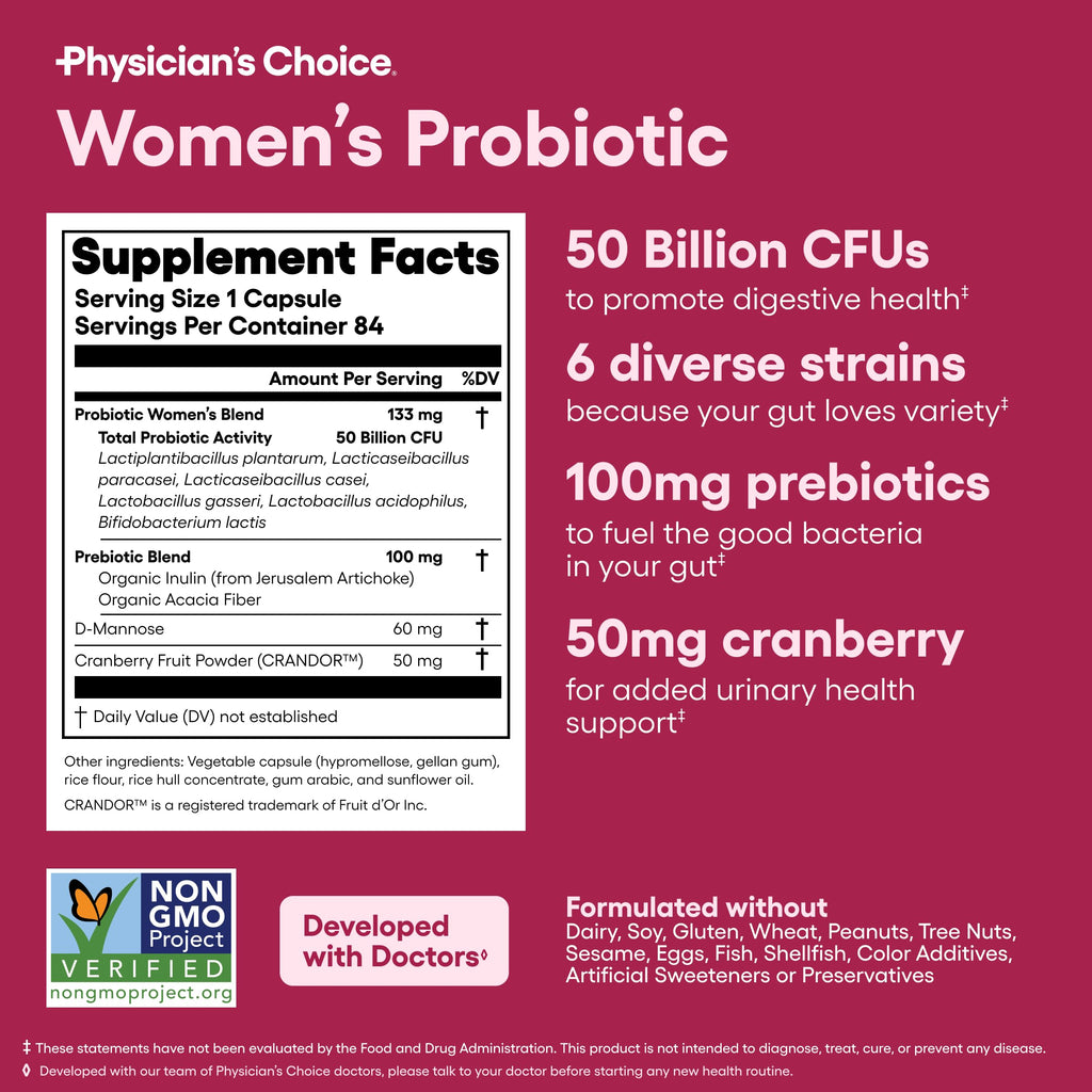 Physician's CHOICE Probiotics for Women - 50B CFU, 6 Strains, Cranberry + Organic Prebiotics - 84 CT