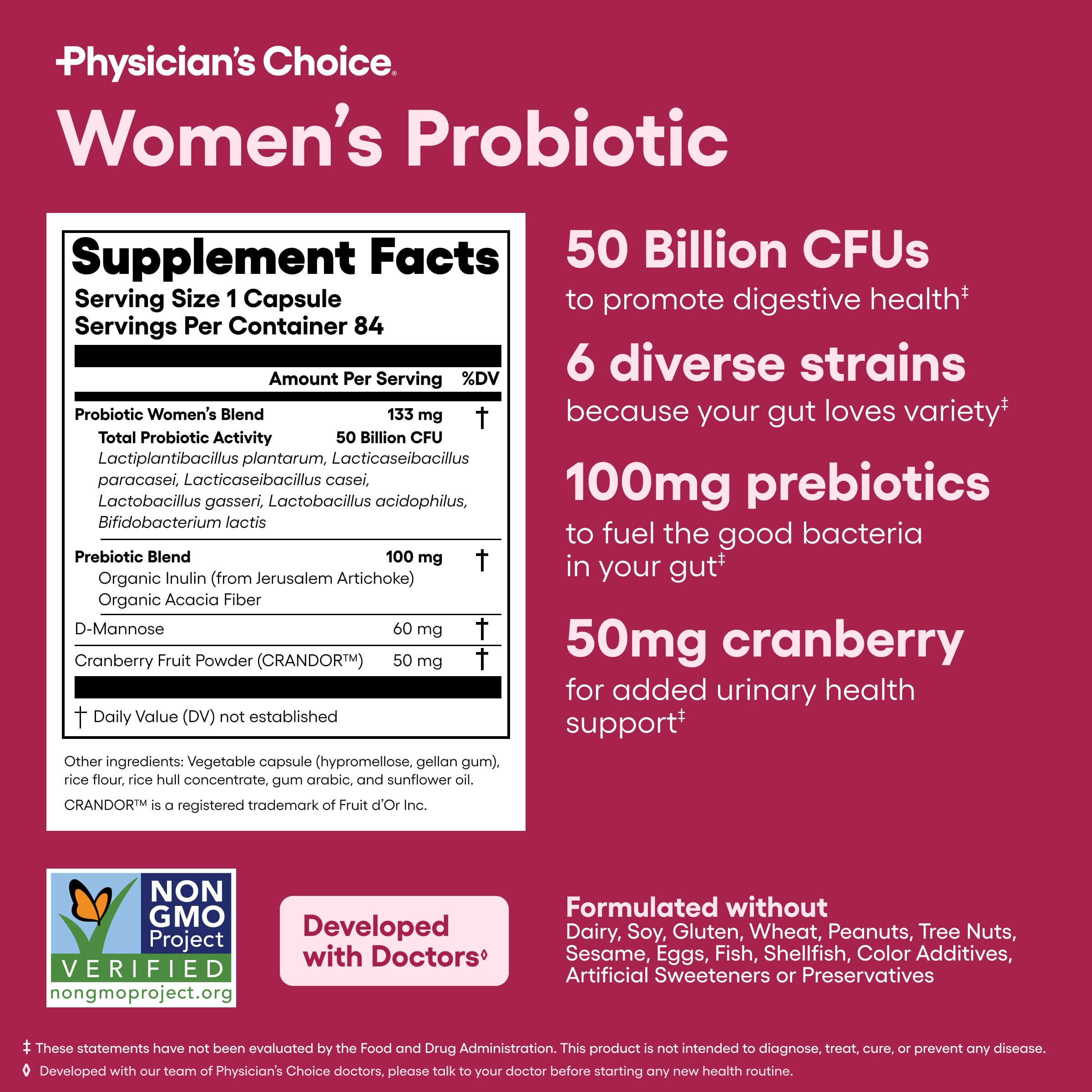 Physician's CHOICE Probiotics for Women - 50B CFU, 6 Strains, Cranberry + Organic Prebiotics - 84 CT