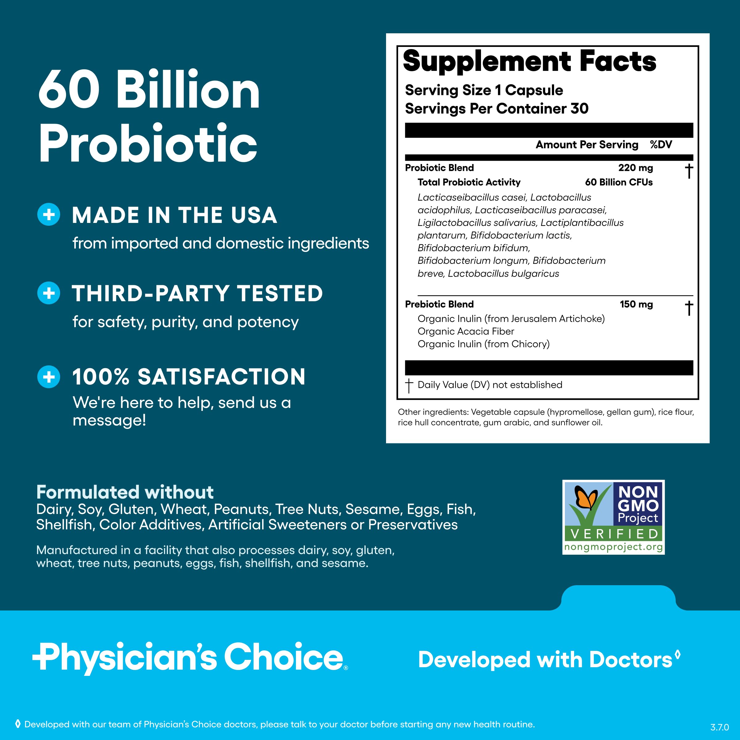Physician's Choice Probiotics 60 Billion CFU - 10 Strains + Organic Prebiotics | Immune, Digestive & Gut Health | 30 Count