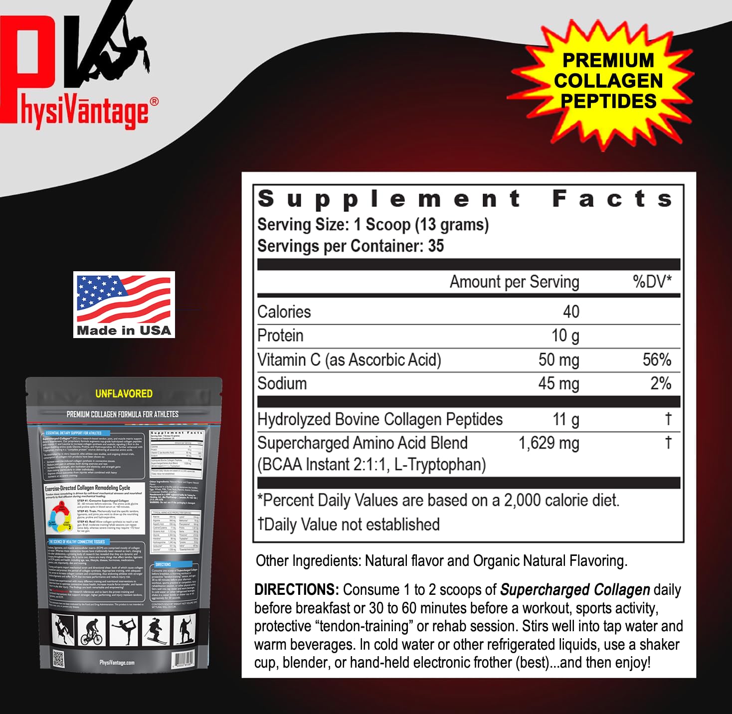PhysiVantage Supercharged Collagen Peptides – Joints, Tendons & Skin (Chocolate, Grass-Fed, 16 oz)
