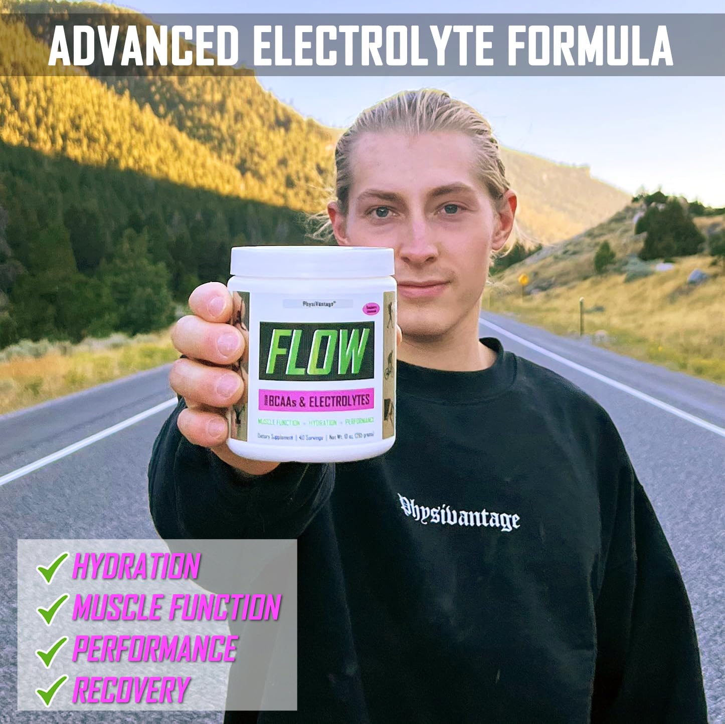 PhysiVantage Flow Electrolyte Powder with BCAAs - Sugar-Free Hydration & Muscle Recovery (Vegan, Keto) Raspberry Lemonade