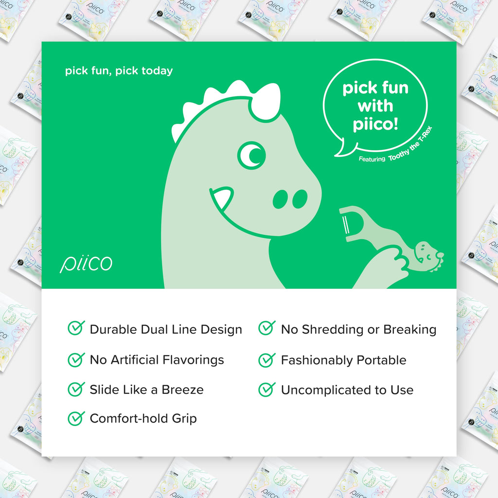 Piico Unflavored Kids Floss Picks - No Fluoride Dual Line, 80 Count Dino