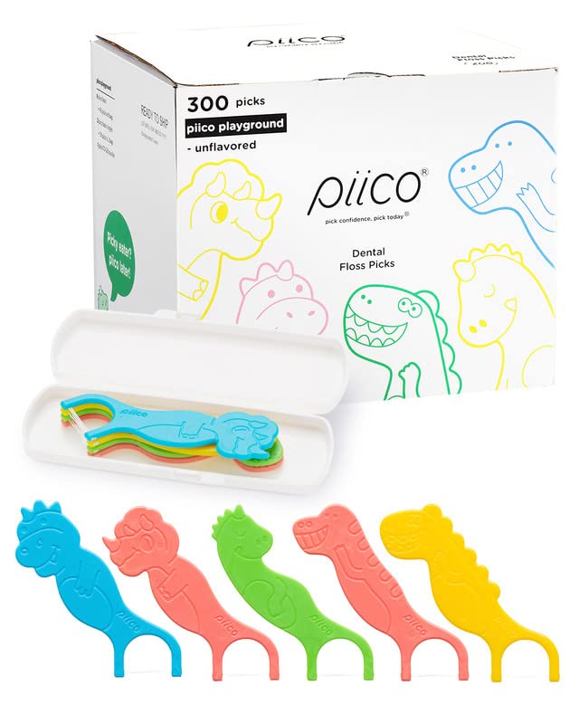 Piico Unflavored Kids Floss Picks - No Fluoride Twin-Line Dental Flossers | 300 Dino Playground & Travel Case