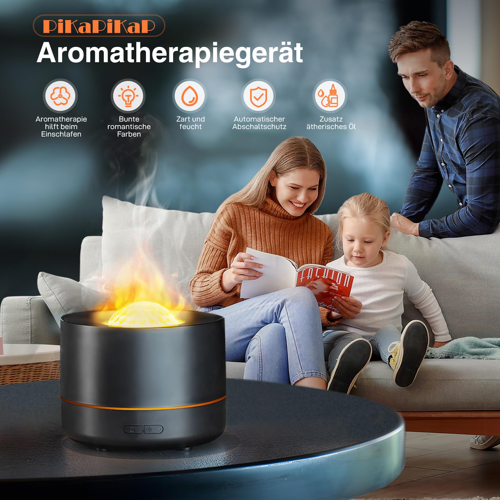 PiKaPiKaP Essential Oil Diffuser — Flame Projection, Starry Sky Light, Auto Shut-Off