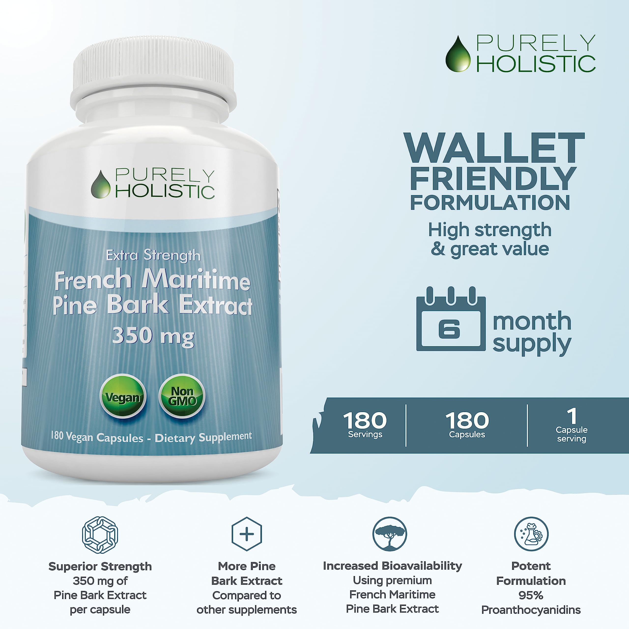 Purely Holistic Pine Bark Extract 350mg – 180 Vegan Capsules