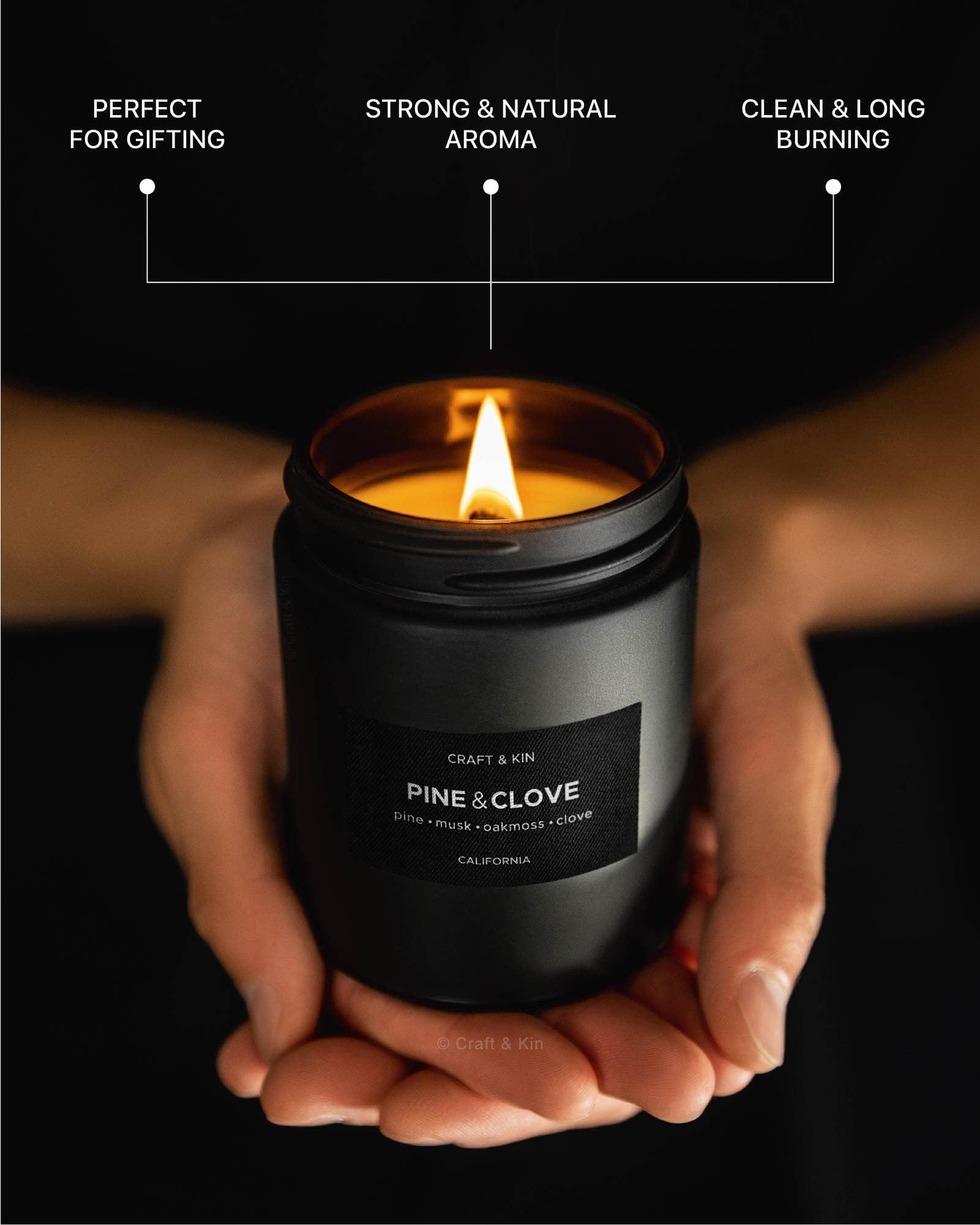 Craft & Kin Premium Pine & Clove Candle | Black Christmas Scented Soy Candle – 7.6oz, 45 Hour Burn Time