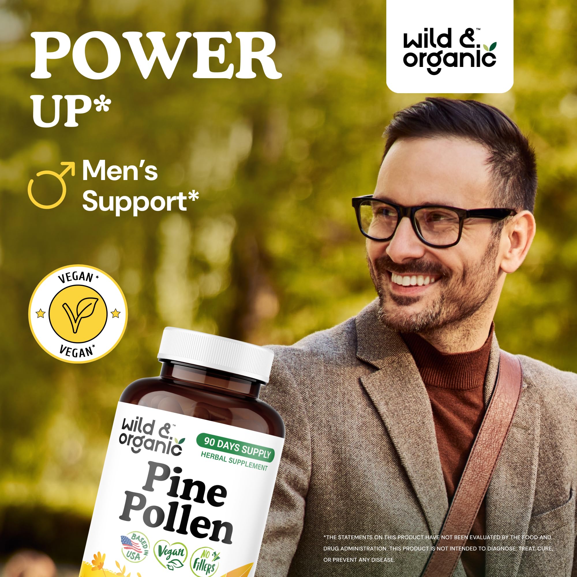 Wild & Organic Pine Pollen for Men – 1000 mg Capsules, Vegan & Non-GMO