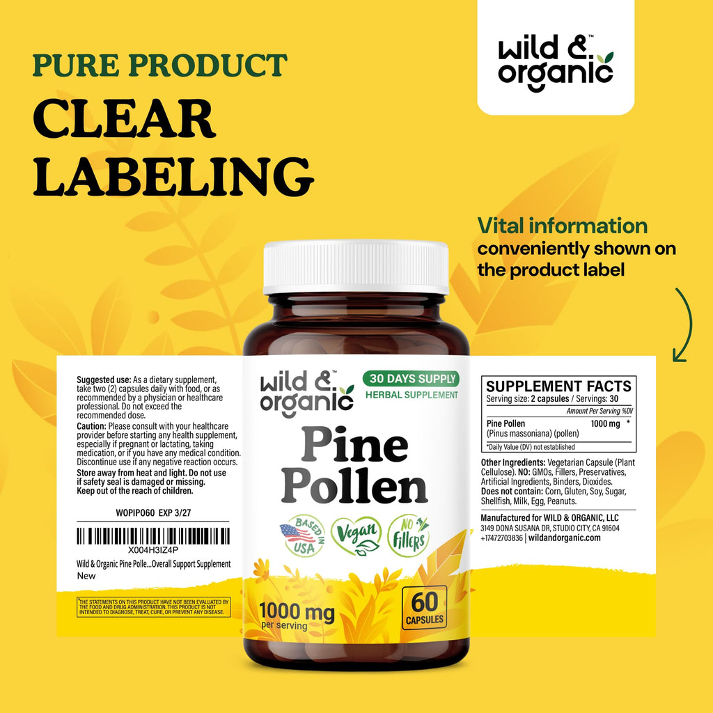 Wild & Organic Pine Pollen for Men Capsules 1000 mg - 60 Count | Vegan, Non-GMO