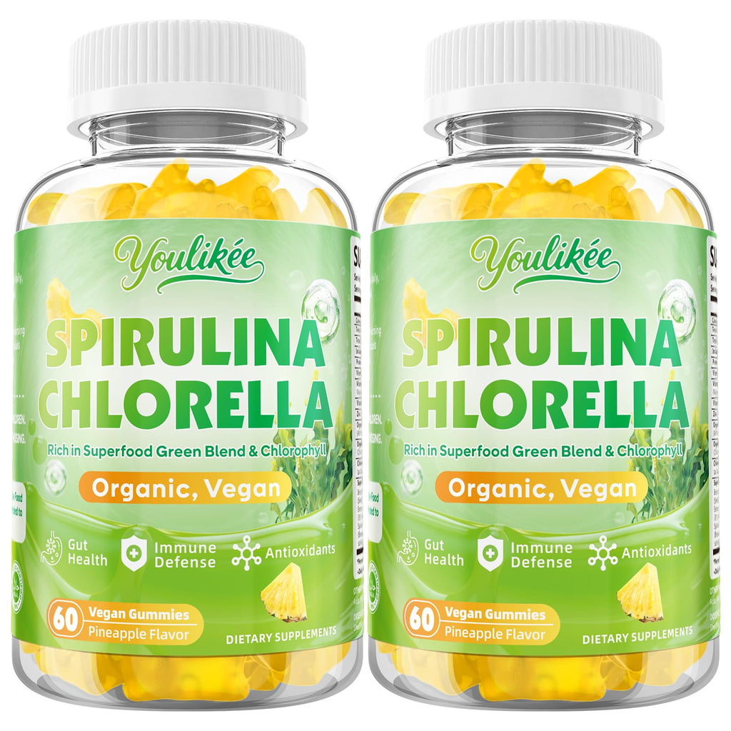2 Pack Organic Spirulina & Chlorella Gummies – Pineapple Flavor, Vitamin C & Zinc