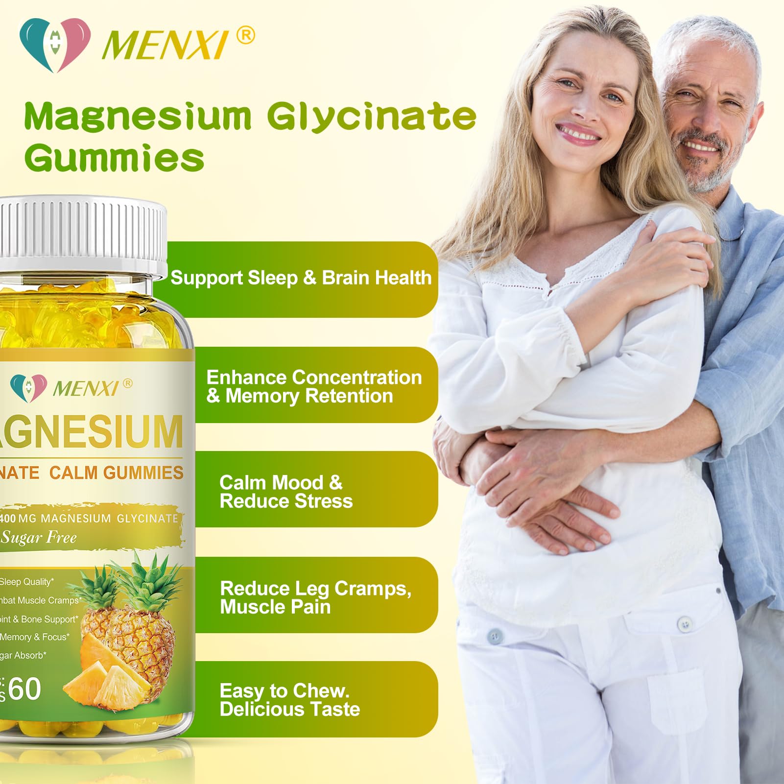 Magnesium Glycinate Gummies 400mg + Taurate, Sugar Free Pineapple - 60 Gummies with Vitamin D, B6, CoQ10 | Sleep & Relaxation