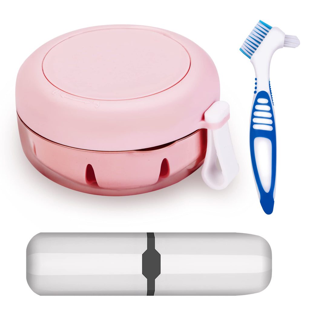 Pink Denture Case with Brush – 100% No-Leak Travel Retainer Box, Mirror & Strainer for Retainer, Mouth Guard, Aligner