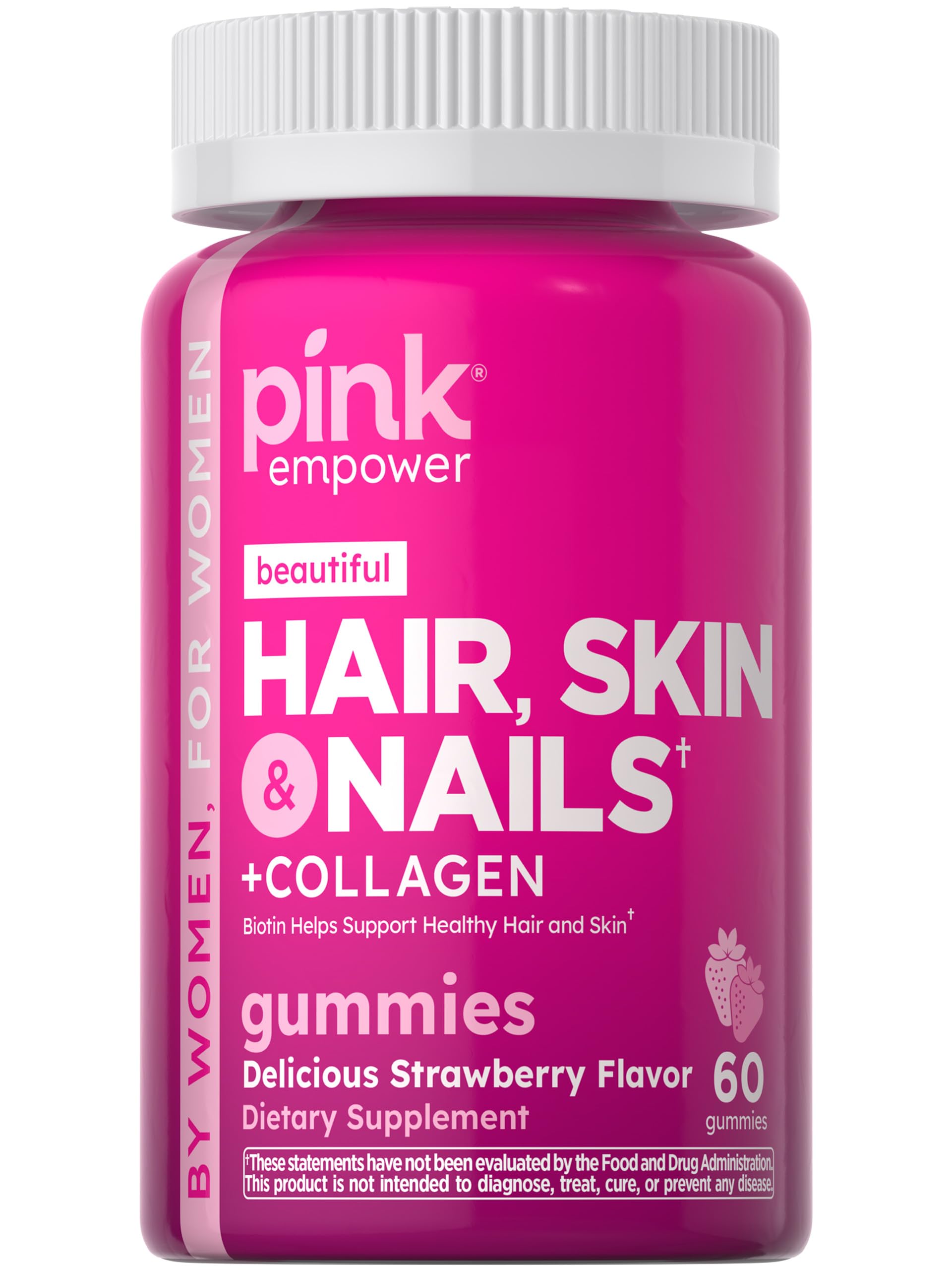PINK Hair Skin Nails Gummies - 60 Count | Biotin + Collagen | Gluten Free & Non-GMO | Strawberry Flavor