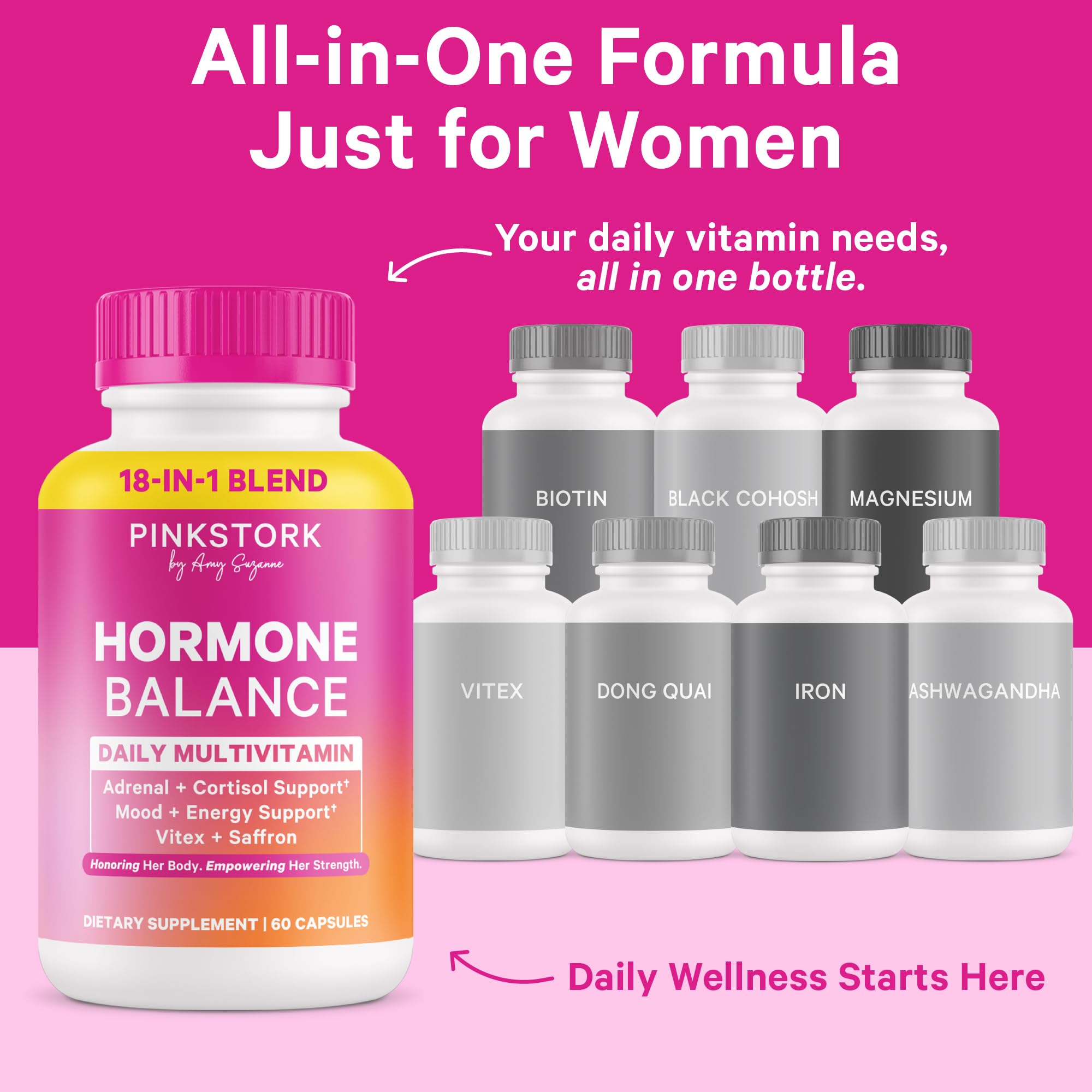 Pink Stork Hormone Balance Supplement for Women | 18-in-1 Multivitamin with Vitex, Saffron, Ashwagandha, Magnesium | Mood, Energy, Cortisol, Adrenal Support | PMS, Perimenopause Support | 60 Capsules