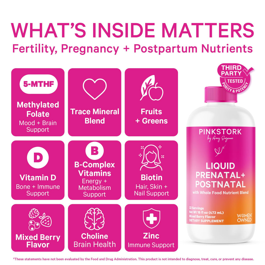 Pink Stork Liquid Prenatal Vitamins for Women – Berry Flavor, Organic Whole-Food Blend, 32 Servings