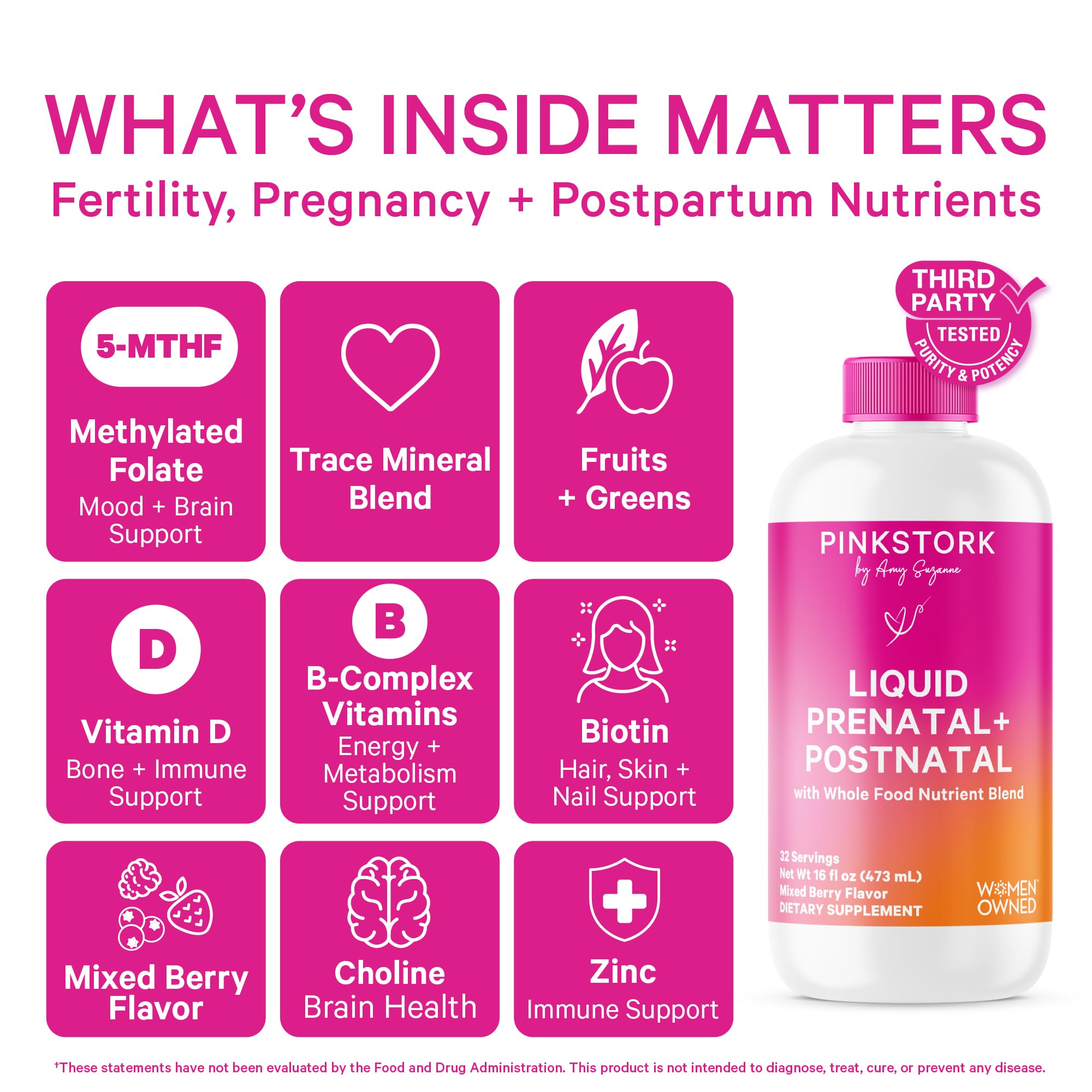 Pink Stork Liquid Prenatal Vitamins for Women – Berry Flavor, Organic Whole-Food Blend, 32 Servings