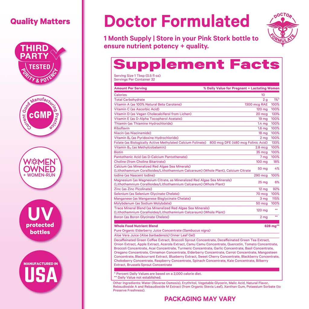Pink Stork Liquid Prenatal Vitamins for Women – Berry Flavor, Organic Whole-Food Blend, 32 Servings