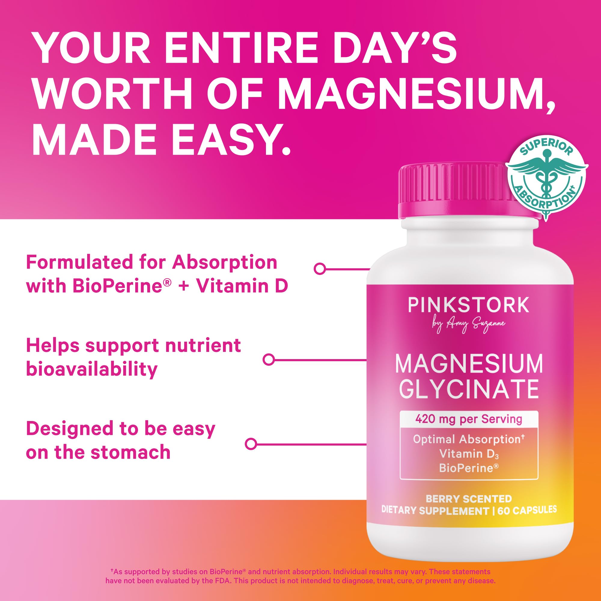 Pink Stork Magnesium Glycinate with Vitamin D for Women | 60 Capsules Berry Essence