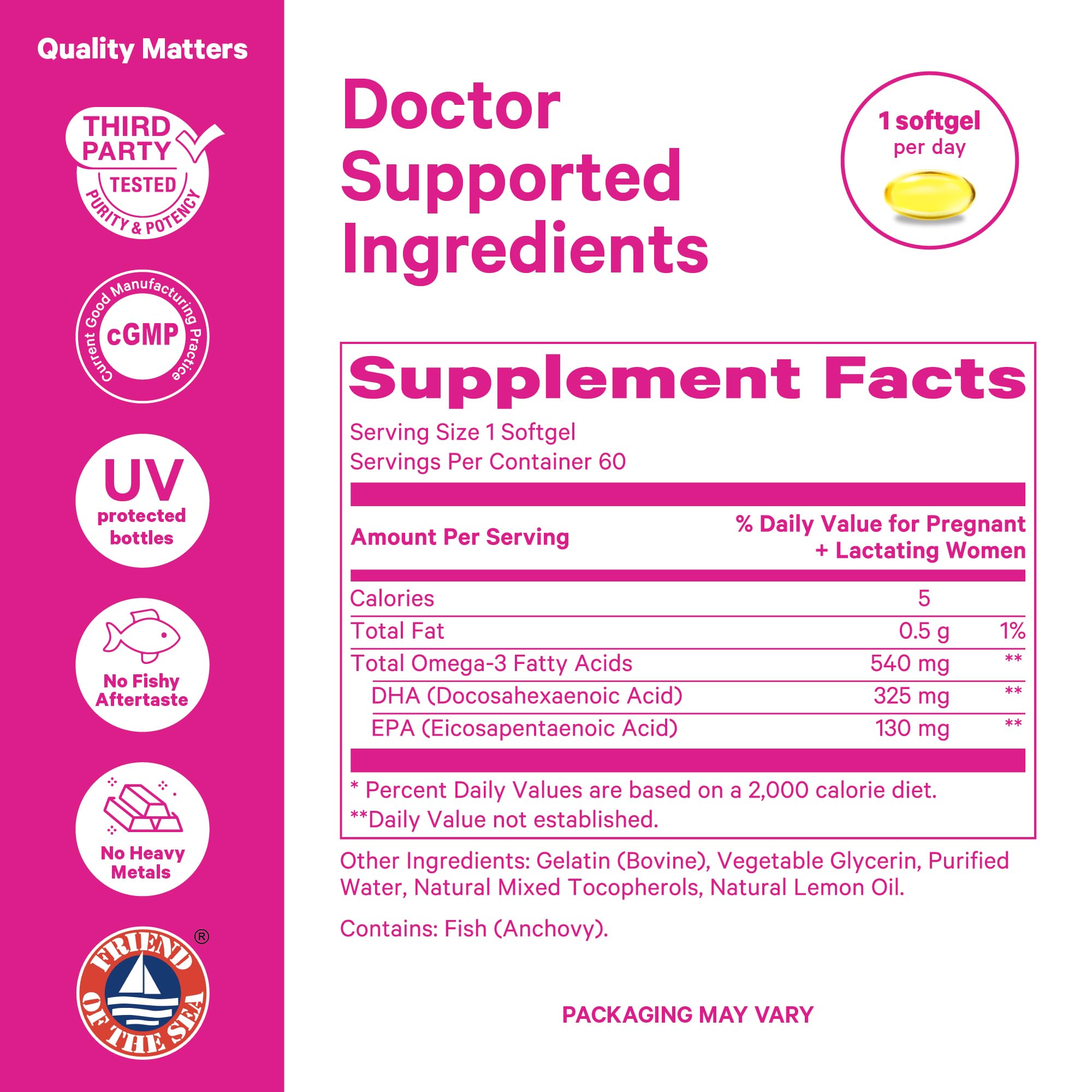 Pink Stork Omega-3 DHA 540 mg - Prenatal & Postpartum DHA/EPA (60 Softgels)