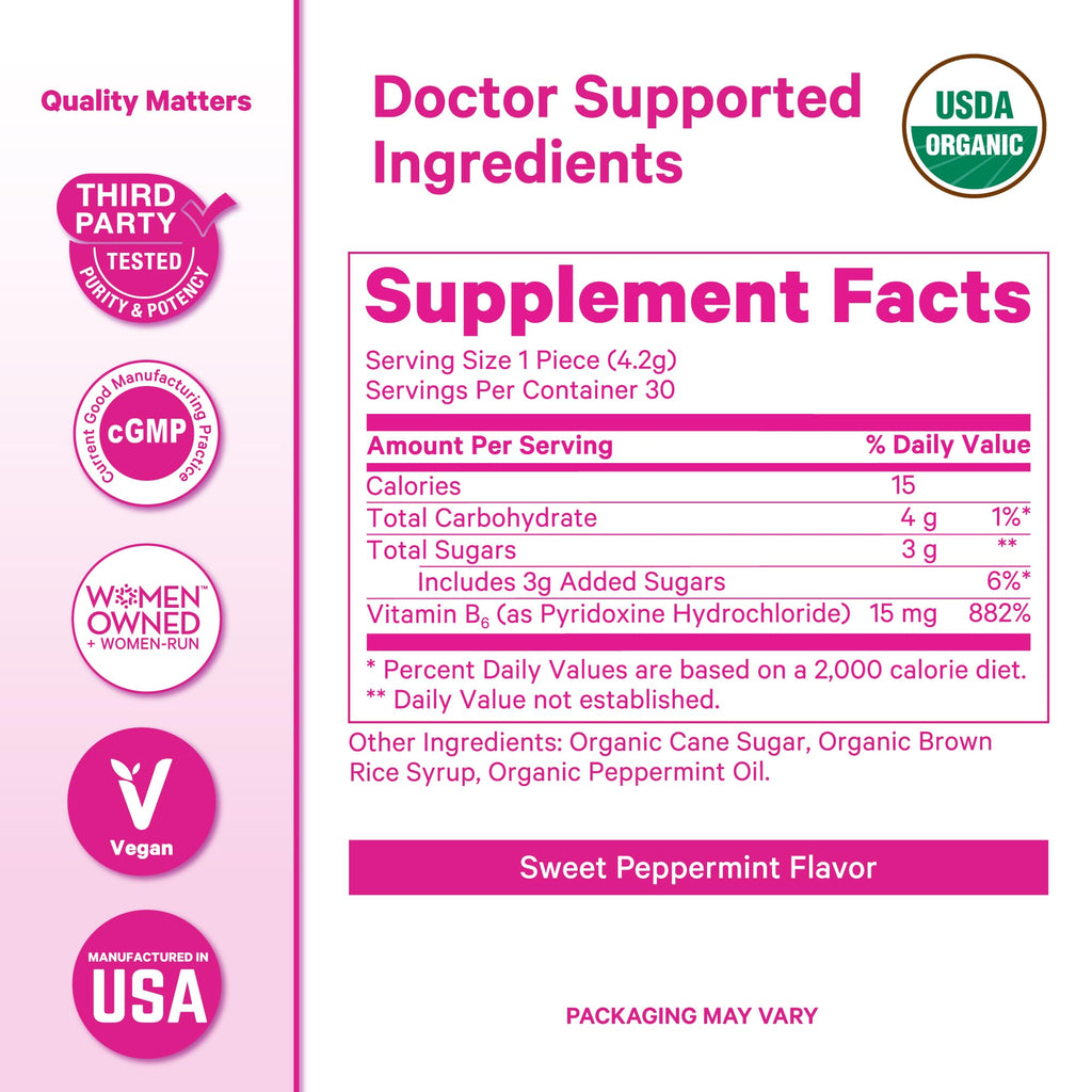 Pink Stork Organic Peppermint Lozenges with Vitamin B6 — Morning & Motion Sickness Support, 30 Wrapped Candies
