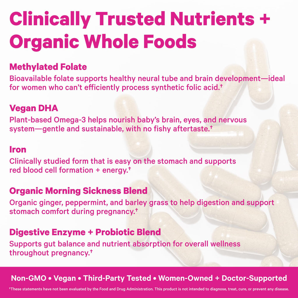 Pink Stork Premium Prenatal Vitamins – Organic Whole-Food Blend with Methylated Folate, Choline & Vegan DHA