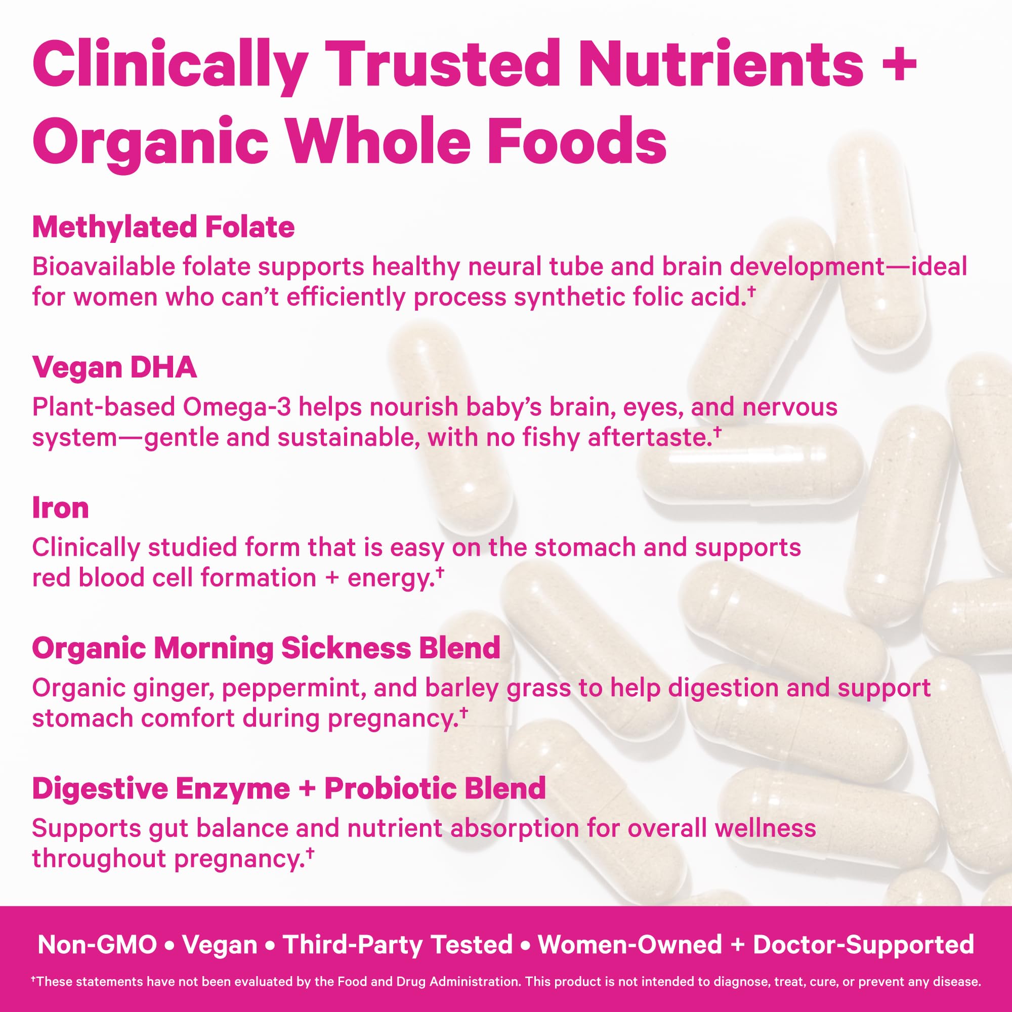 Pink Stork Premium Prenatal Vitamins – Organic Whole-Food Blend with Methylated Folate, Choline & Vegan DHA