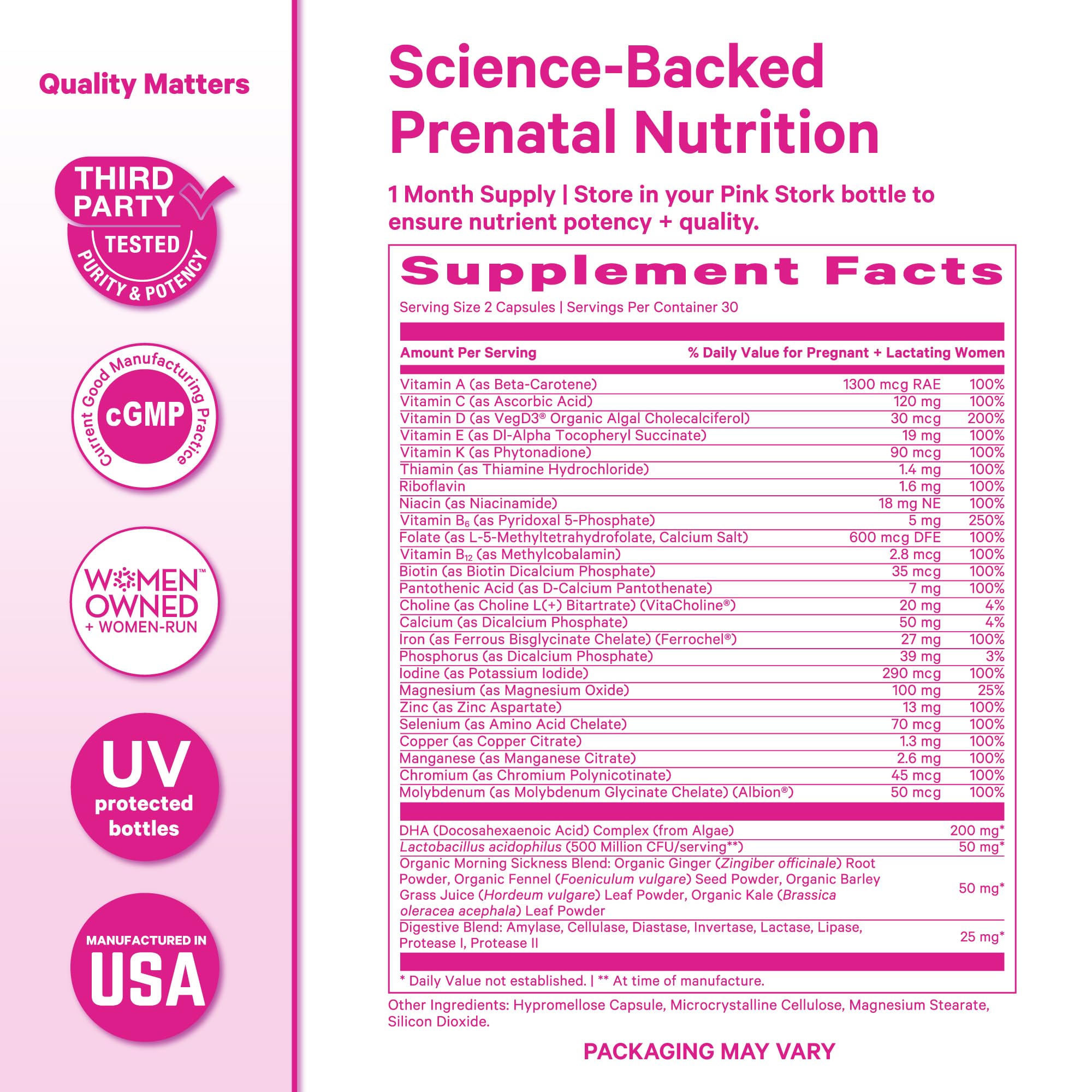 Pink Stork Premium Prenatal Vitamins – Organic Whole-Food Blend with Methylated Folate, Choline & Vegan DHA