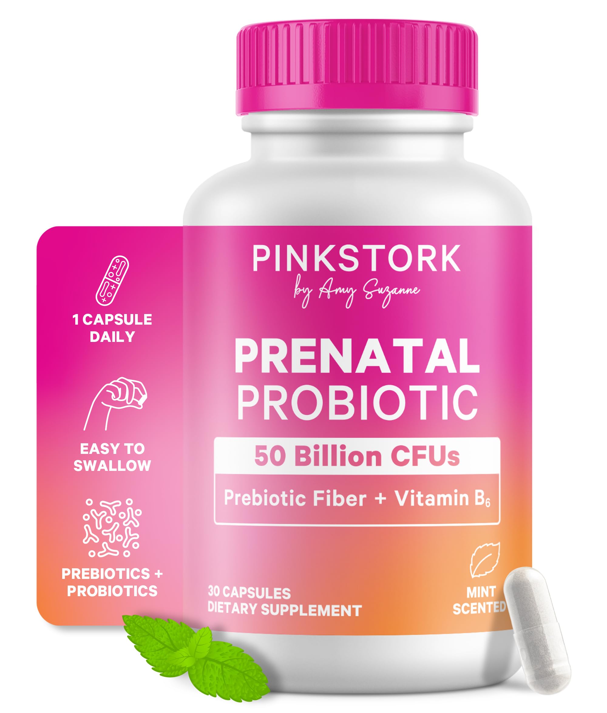 Pink Stork Prenatal Probiotic for Women - 50B CFUs, B6, Mint - 30 Caps
