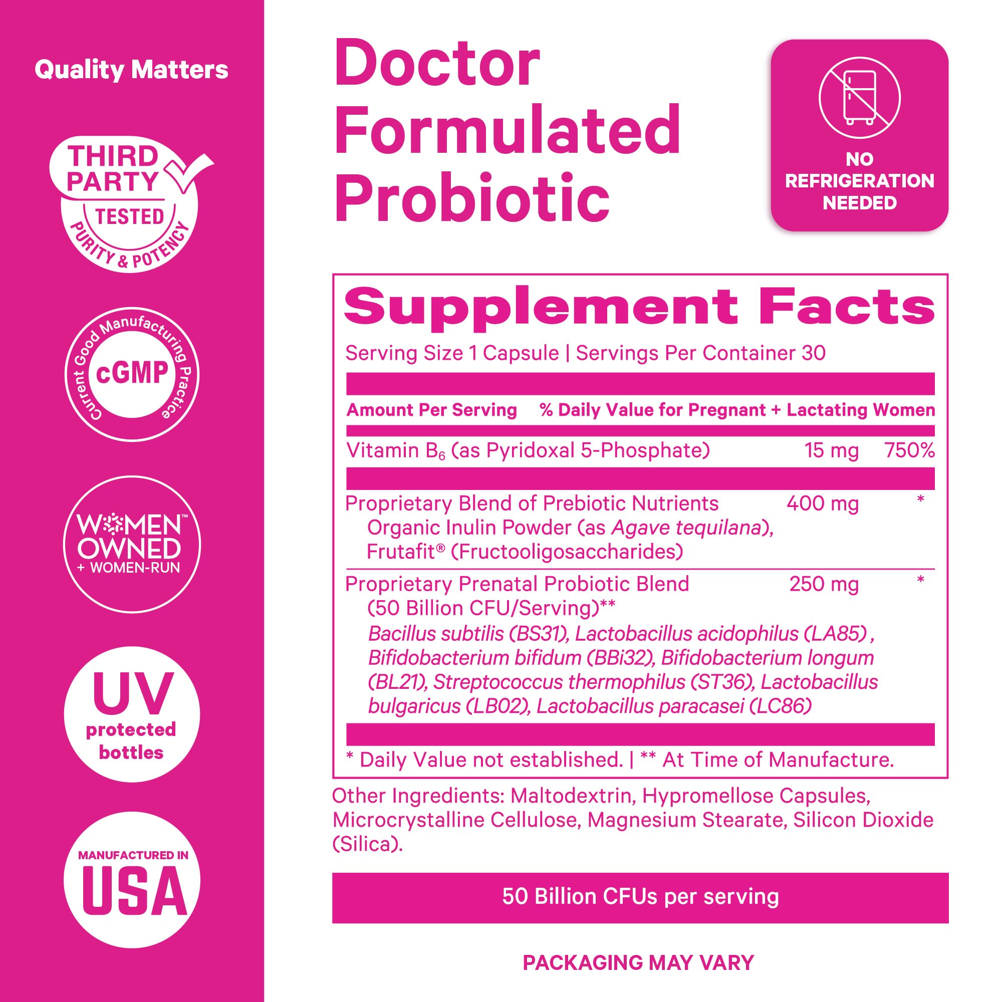 Pink Stork Prenatal Probiotic for Women - 50B CFUs, B6, Mint - 30 Caps