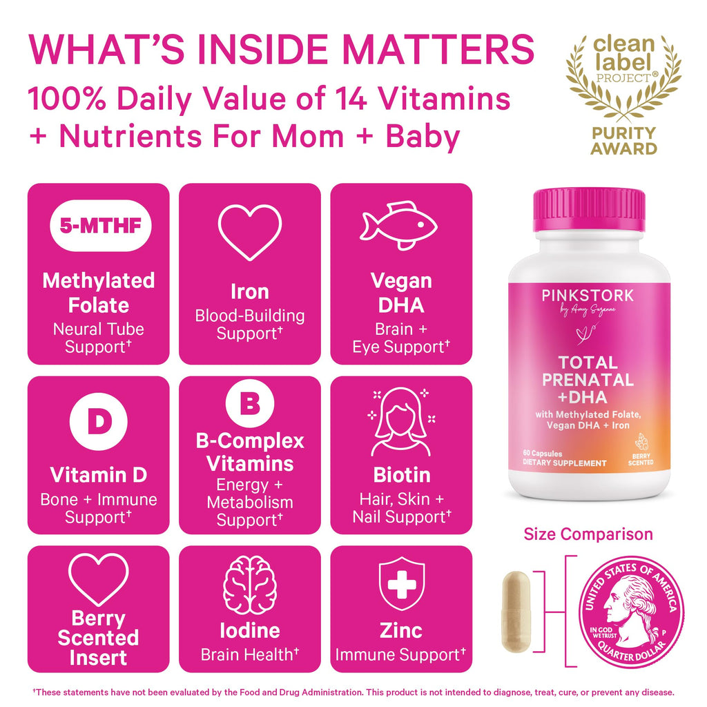 Pink Stork Total Prenatal Vitamins with DHA – Berry Essence, 60 Capsules