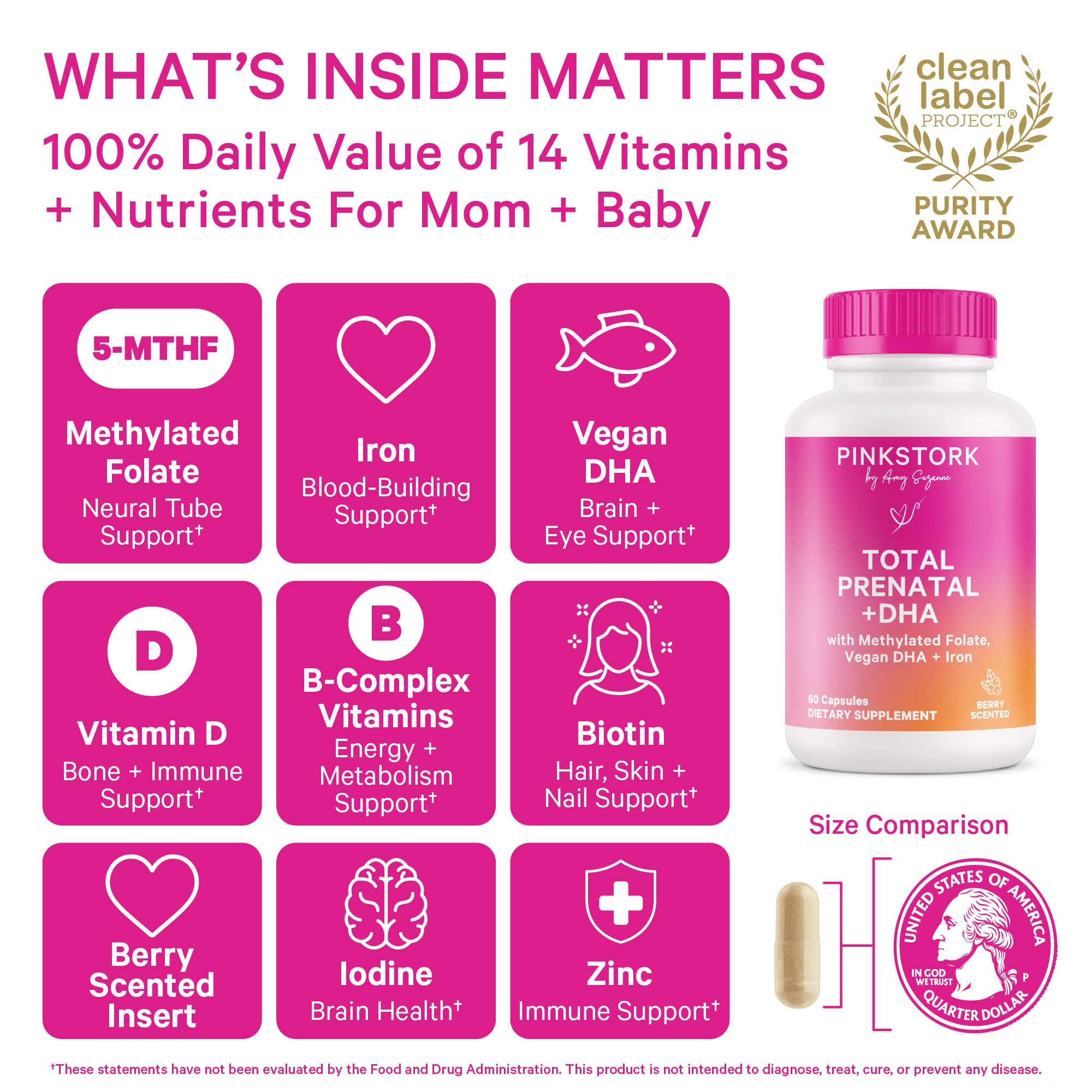 Pink Stork Total Prenatal Vitamins with DHA – Berry Essence, 60 Capsules