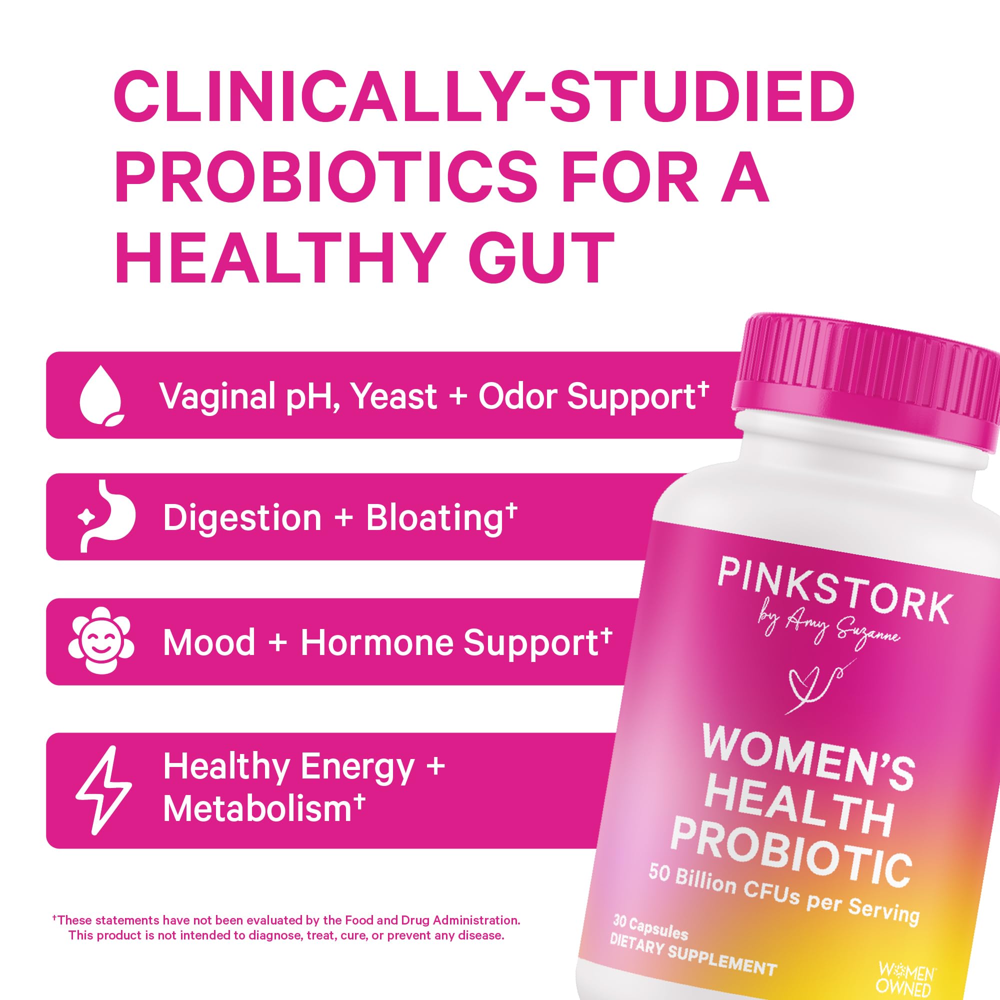 Pink Stork Women’s Health Probiotic, 50 Billion CFU | Clinically Studied Probiotics | Vaginal, Gut, Mood, & Hormone Balance | Yeast & Odor Support | Probiotic and Prebiotic Blend | 30 Vegan Capsules