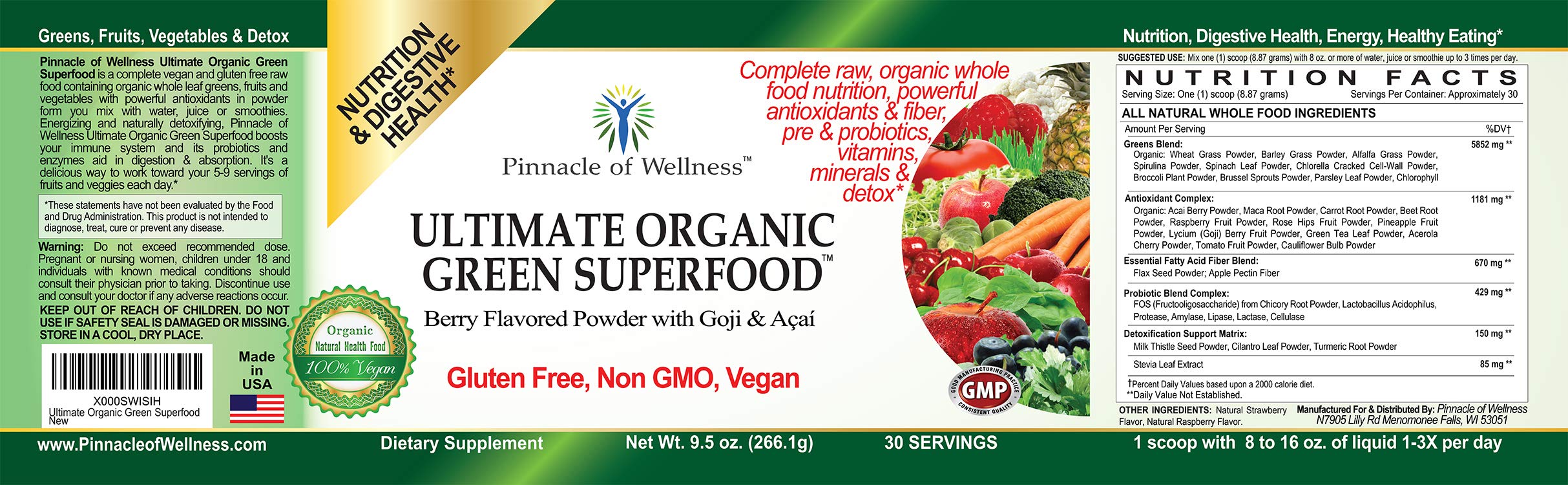 Pinnacle of Wellness Organic Green Superfood Powder – Berry, 30 Servings (9.5 oz)