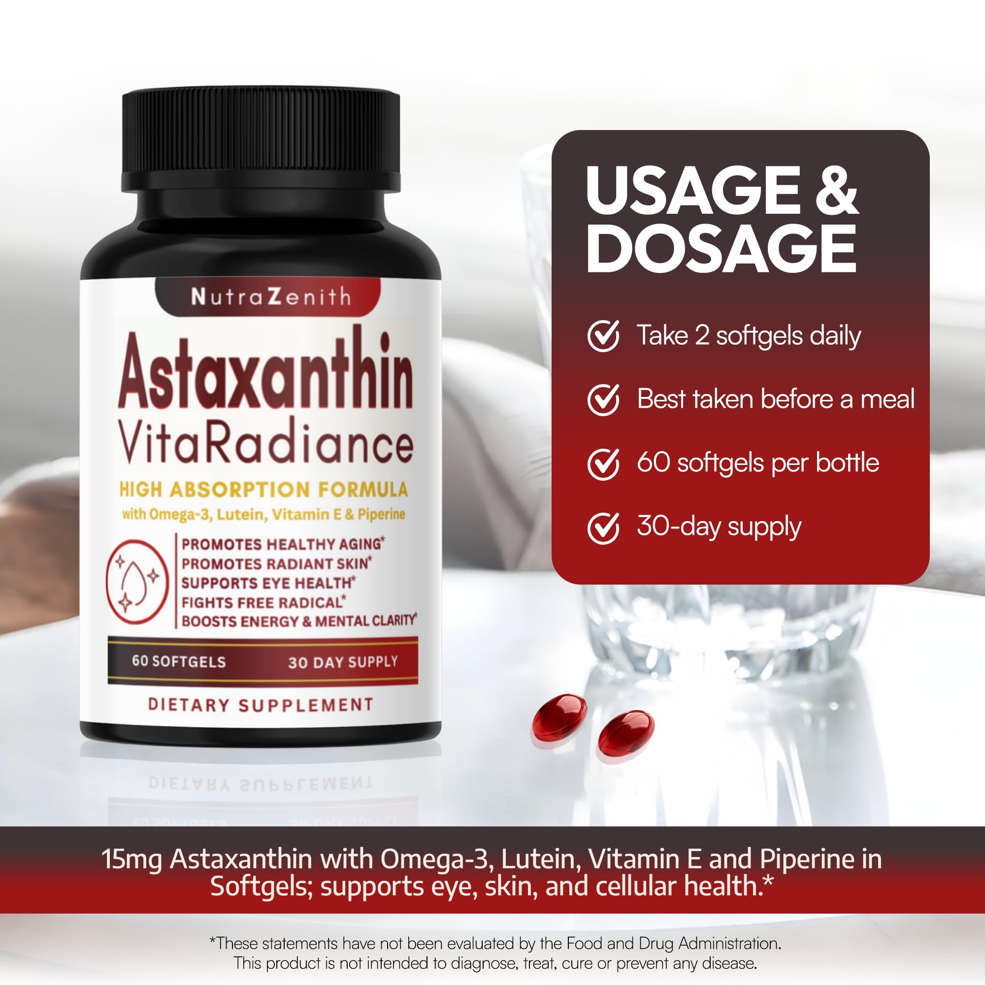 Astaxanthin Supplement with Omega-3, Vitamin E & Lutein – 60 Capsules | Antioxidant Support & Energy