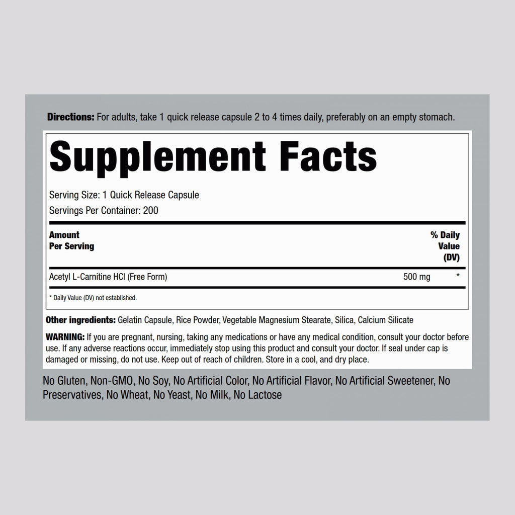Piping Rock Acetyl L-Carnitine HCL 500 mg – 200 Capsules | Non-GMO & Gluten Free