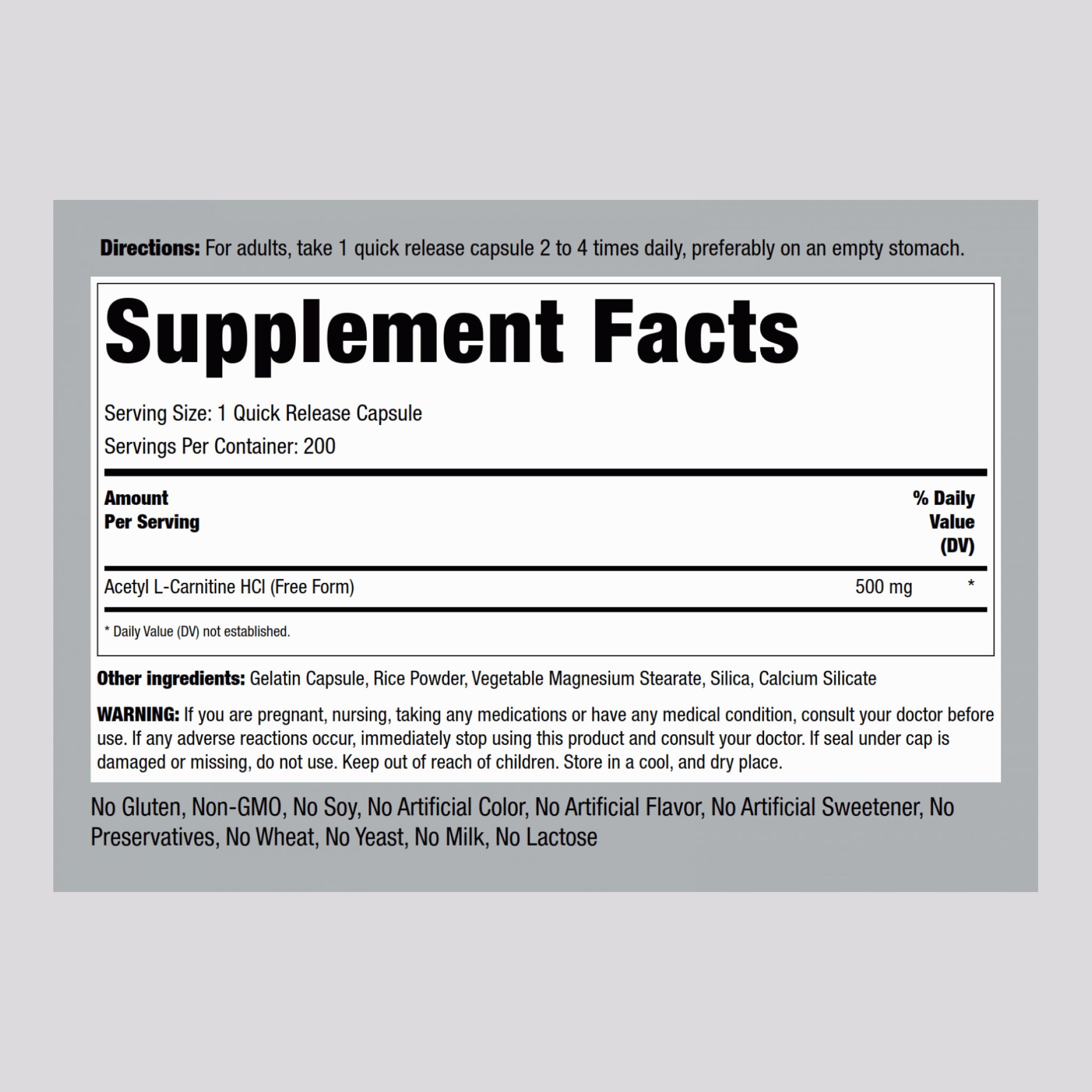 Piping Rock Acetyl L-Carnitine HCL 500 mg – 200 Capsules | Non-GMO & Gluten Free