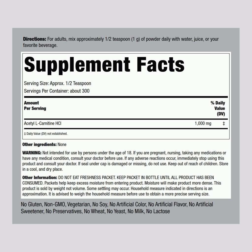 Piping Rock Acetyl L-Carnitine Powder 300g - ALCAR HCl, Non-GMO, Gluten Free