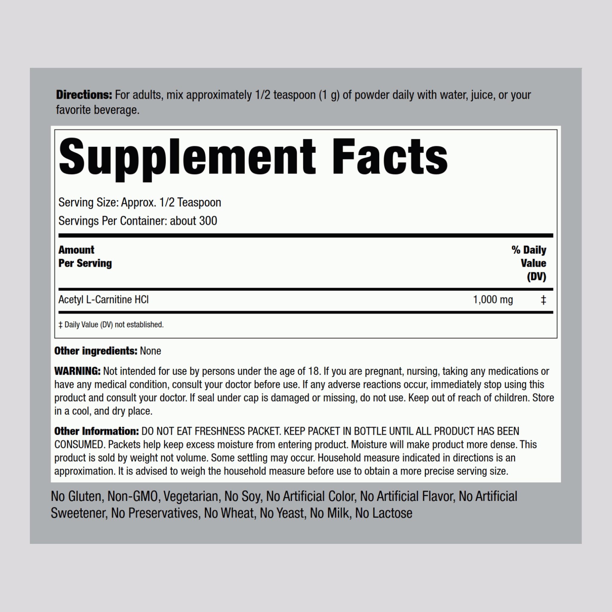 Piping Rock Acetyl L-Carnitine Powder 300g - ALCAR HCl, Non-GMO, Gluten Free