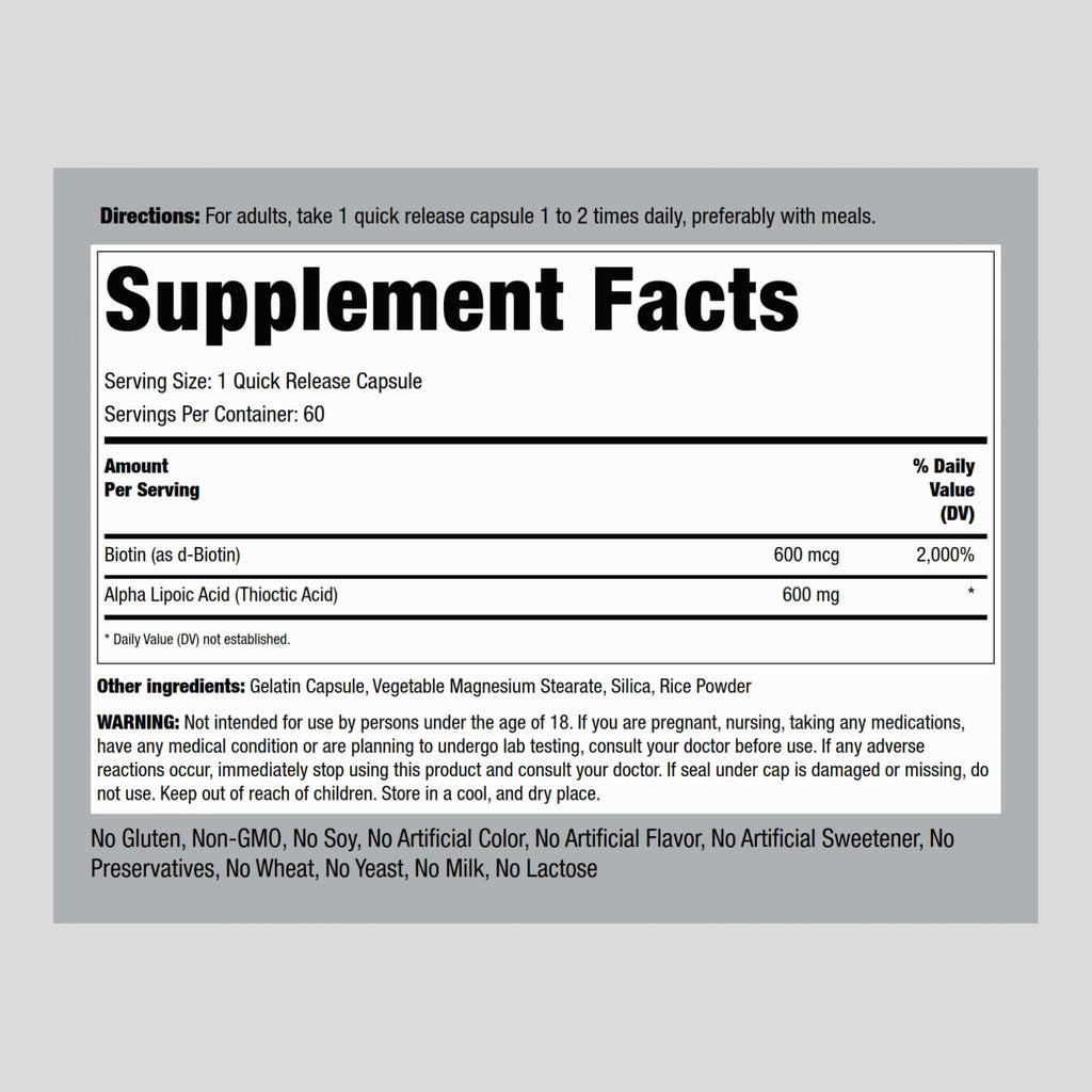 Piping Rock Alpha Lipoic Acid 600mg with Biotin Optimizer | 60 Capsules | Non-GMO Gluten Free | Pack of 2