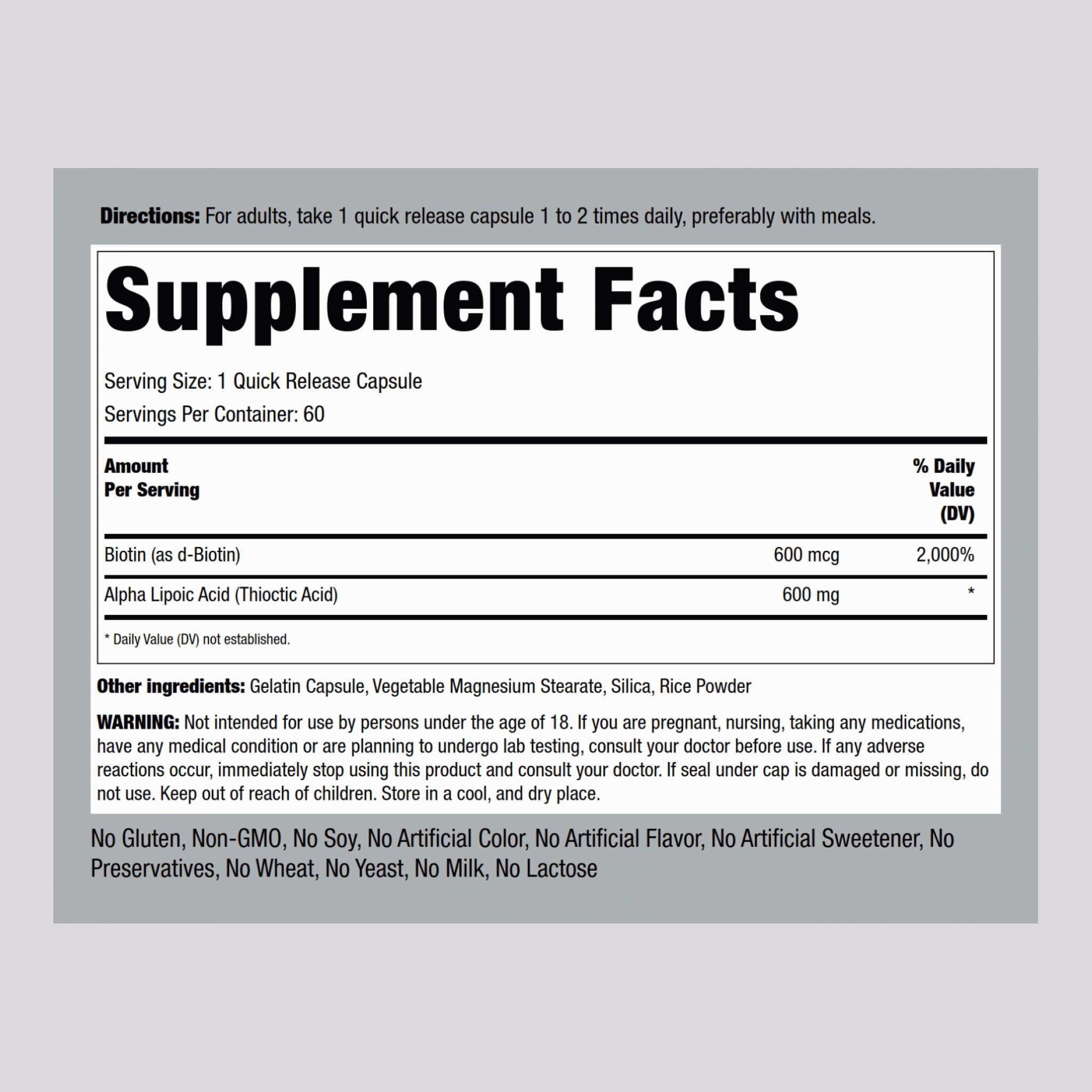 Piping Rock Alpha Lipoic Acid 600mg with Biotin Optimizer | 60 Capsules | Non-GMO Gluten Free | Pack of 2