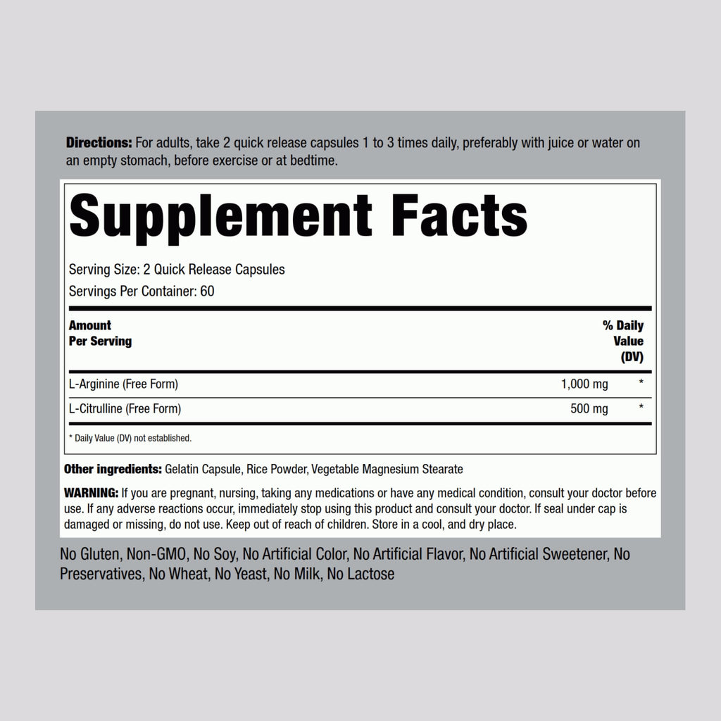 Piping Rock L-Arginine L-Citrulline 1500 mg - 120 Capsules Pack of 2