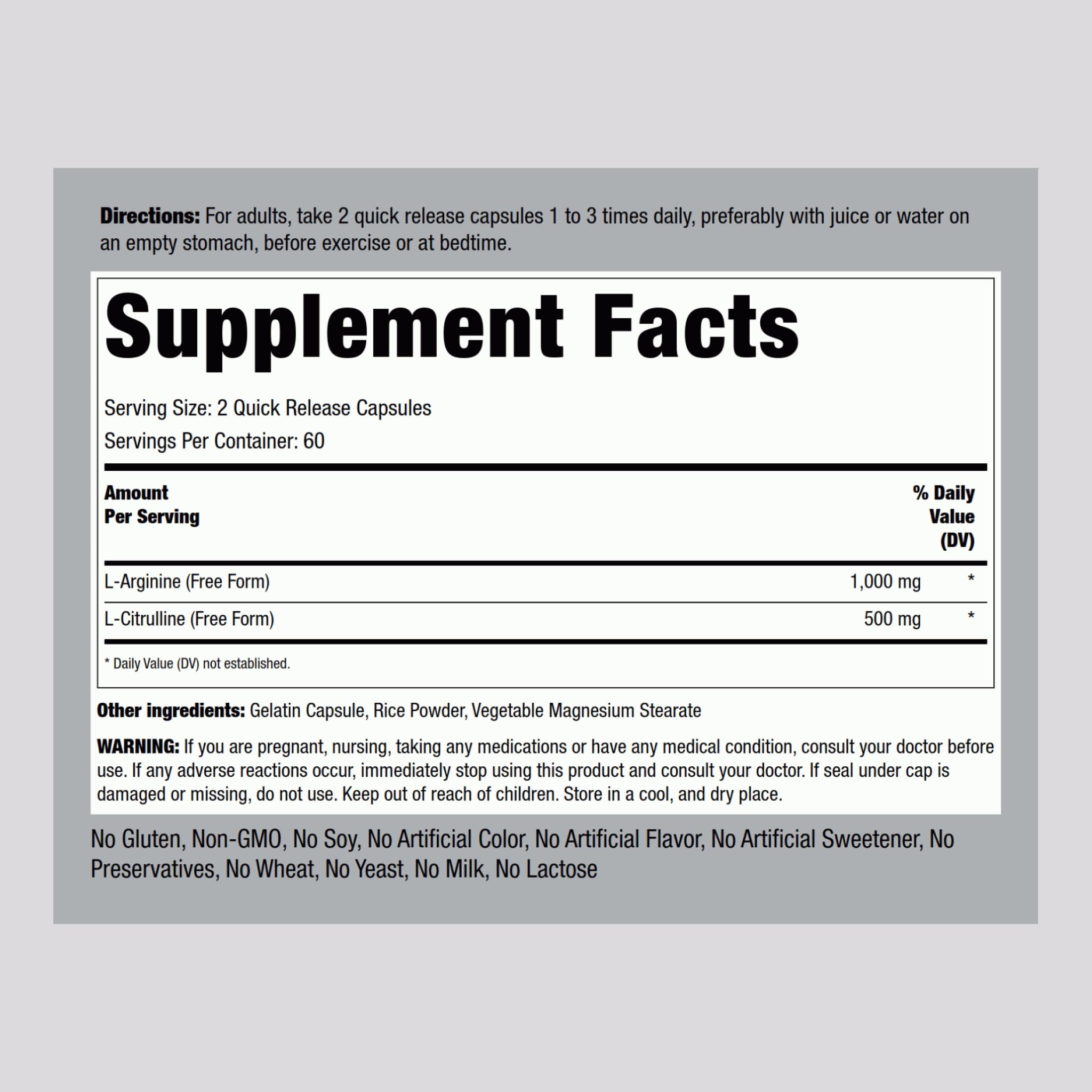 Piping Rock L-Arginine L-Citrulline 1500 mg - 120 Capsules Pack of 2