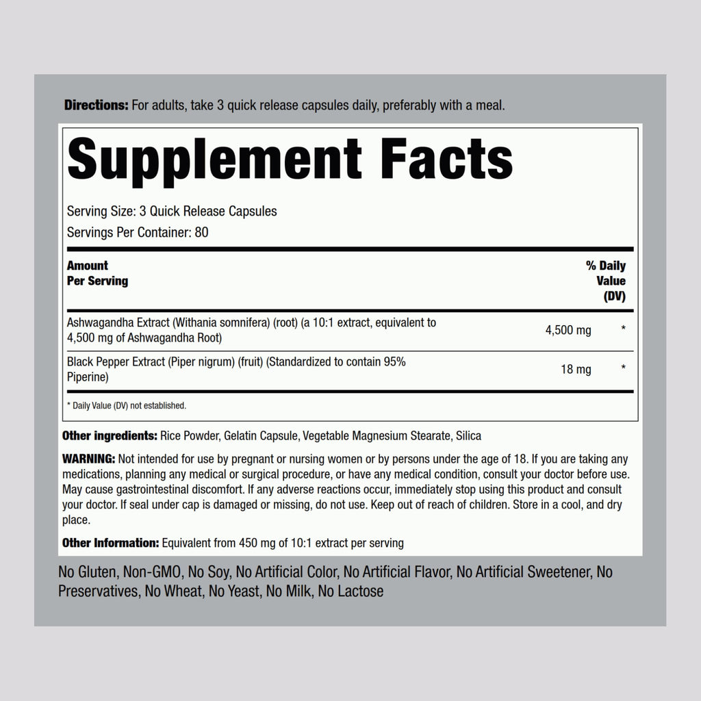 Piping Rock Ashwagandha 4500mg | 240 Capsules | Black Pepper | Non-GMO & Gluten Free